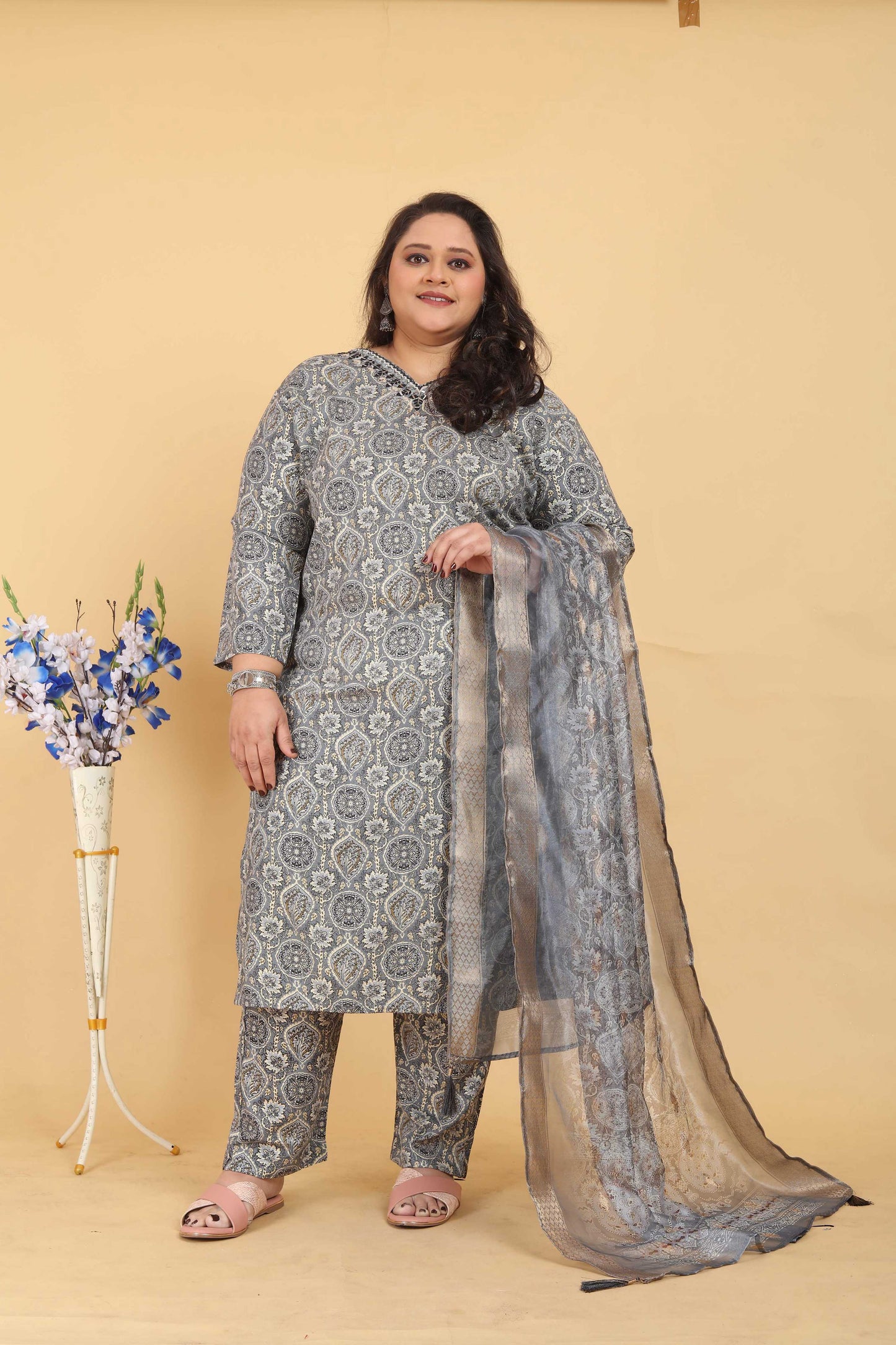 Jyoti Fashion Women's Grey Rayon Digital Print with Handwork Kurta Set | Swadesiicart
