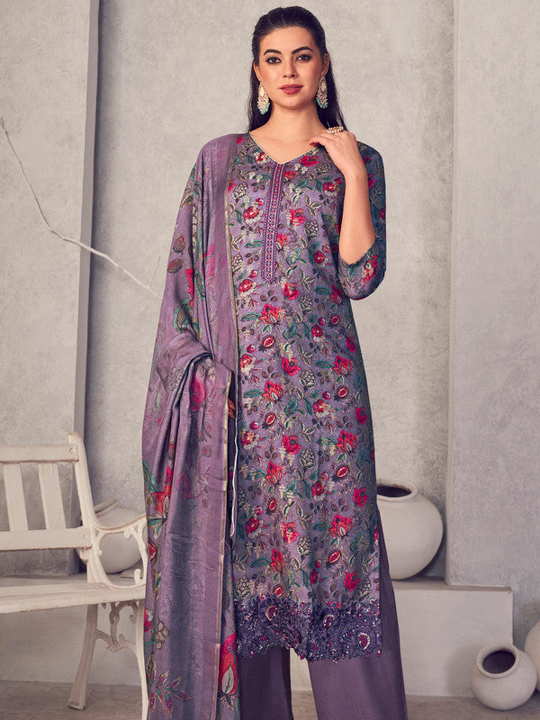 Jyoti Fashion Women's Purple Pure Pashmina Digital Print with Jacquard Woven Kurta with Trouser & Dupatta | Swadesiicart