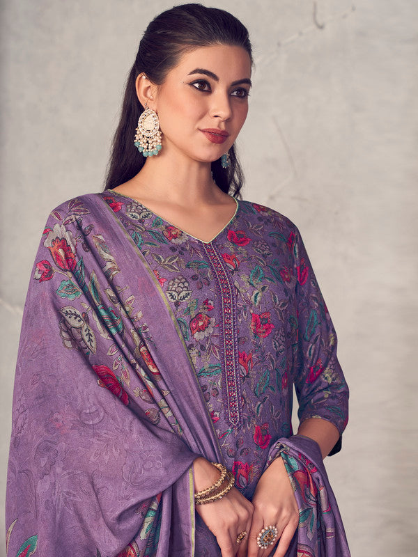 Jyoti Fashion Women's Purple Pure Pashmina Digital Print with Jacquard Woven Kurta with Trouser & Dupatta | Swadesiicart