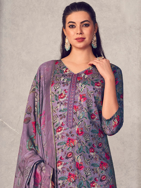 Jyoti Fashion Women's Purple Pure Pashmina Digital Print with Jacquard Woven Kurta with Trouser & Dupatta | Swadesiicart