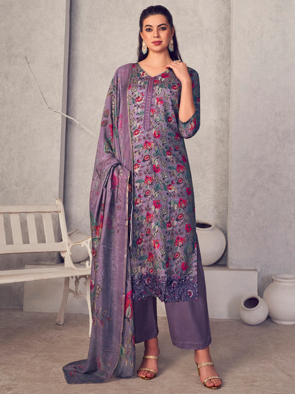Jyoti Fashion Women's Purple Pure Pashmina Digital Print with Jacquard Woven Kurta with Trouser & Dupatta | Swadesiicart