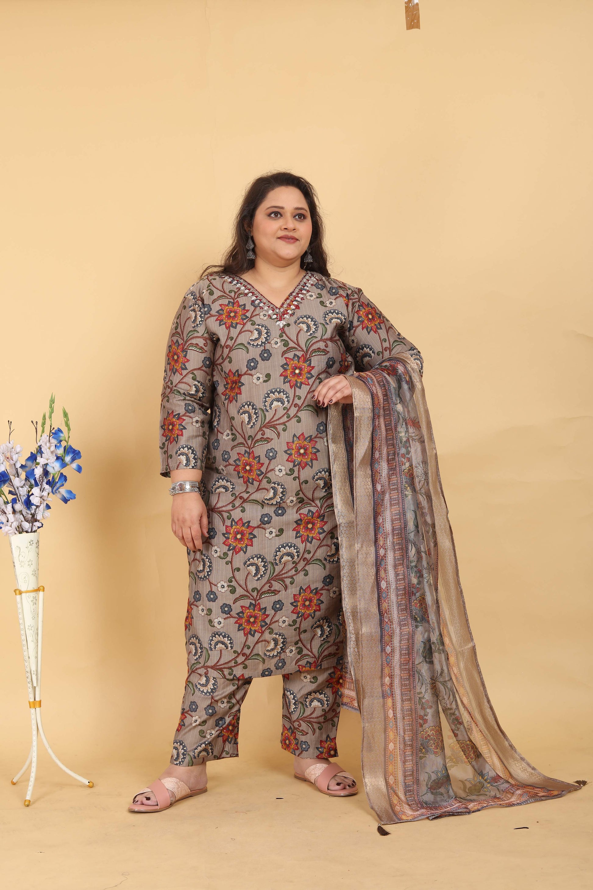 Jyoti Fashion Women's Grey Lichi Viscose Digital Print with Handwork Kurta Set | Swadesiicart