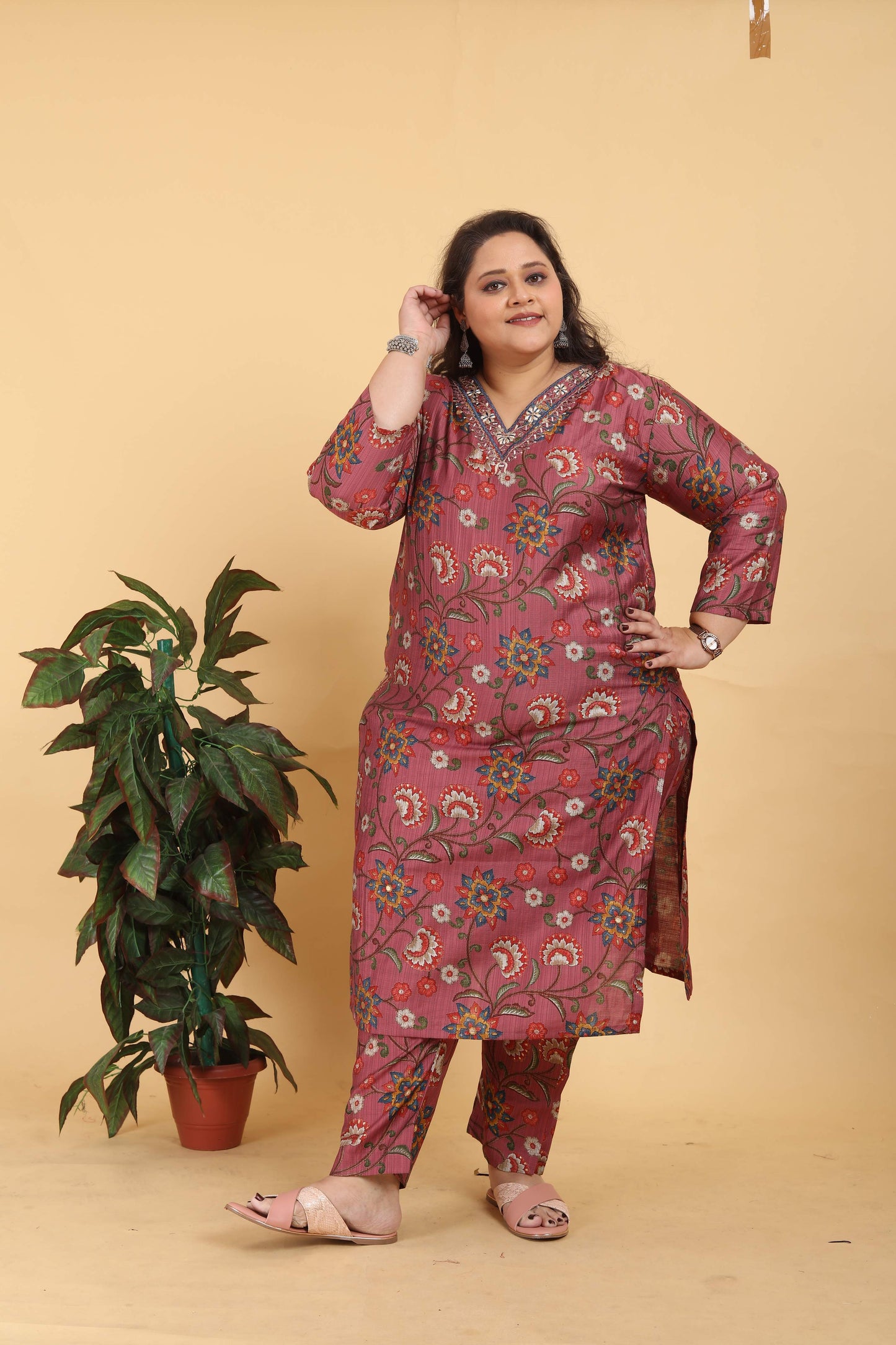 Jyoti Fashion Women's Brown Lichi Viscose Digital Print with Handwork Kurta Set | Swadesiicart