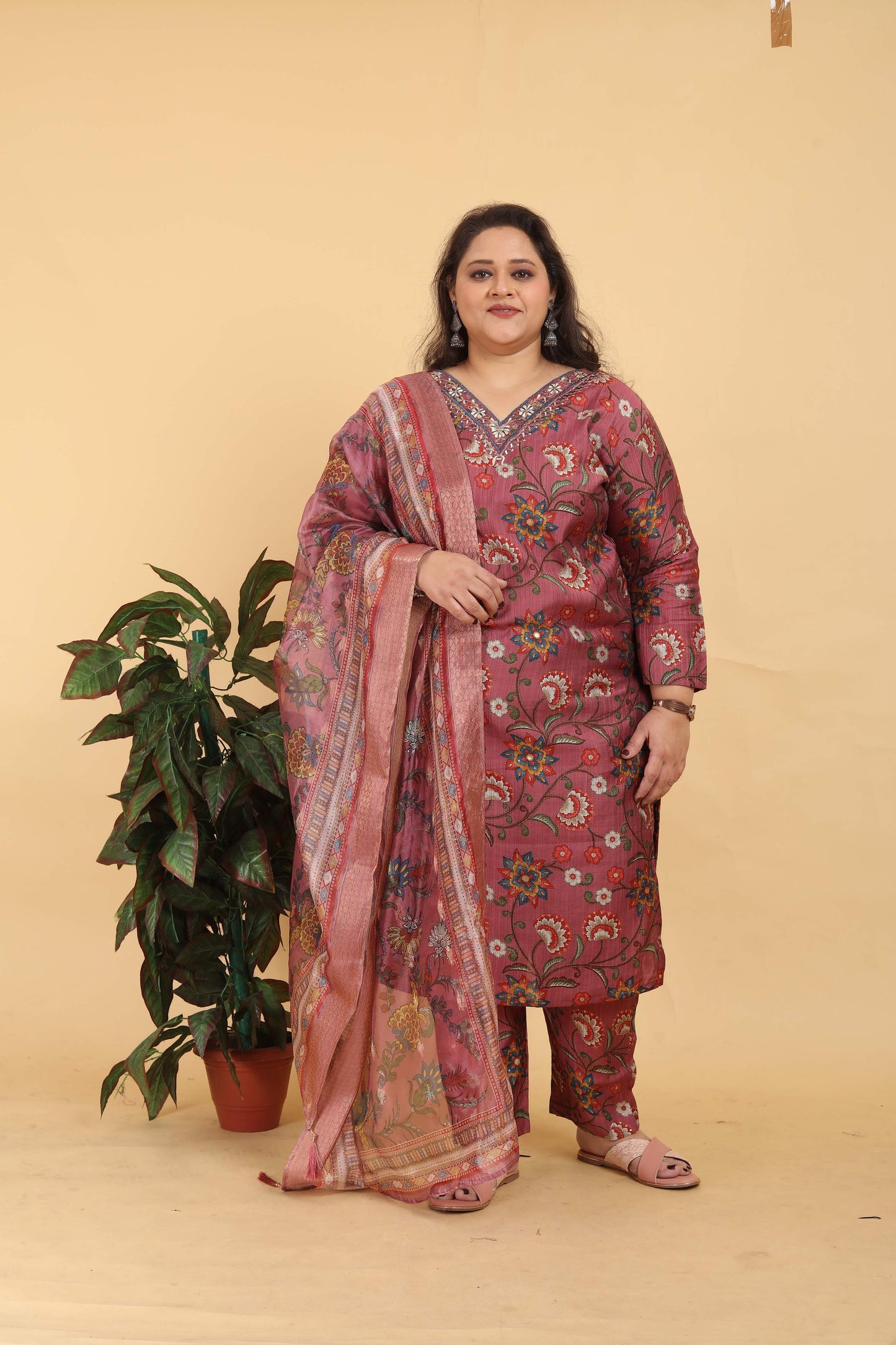 Jyoti Fashion Women's Brown Lichi Viscose Digital Print with Handwork Kurta Set | Swadesiicart