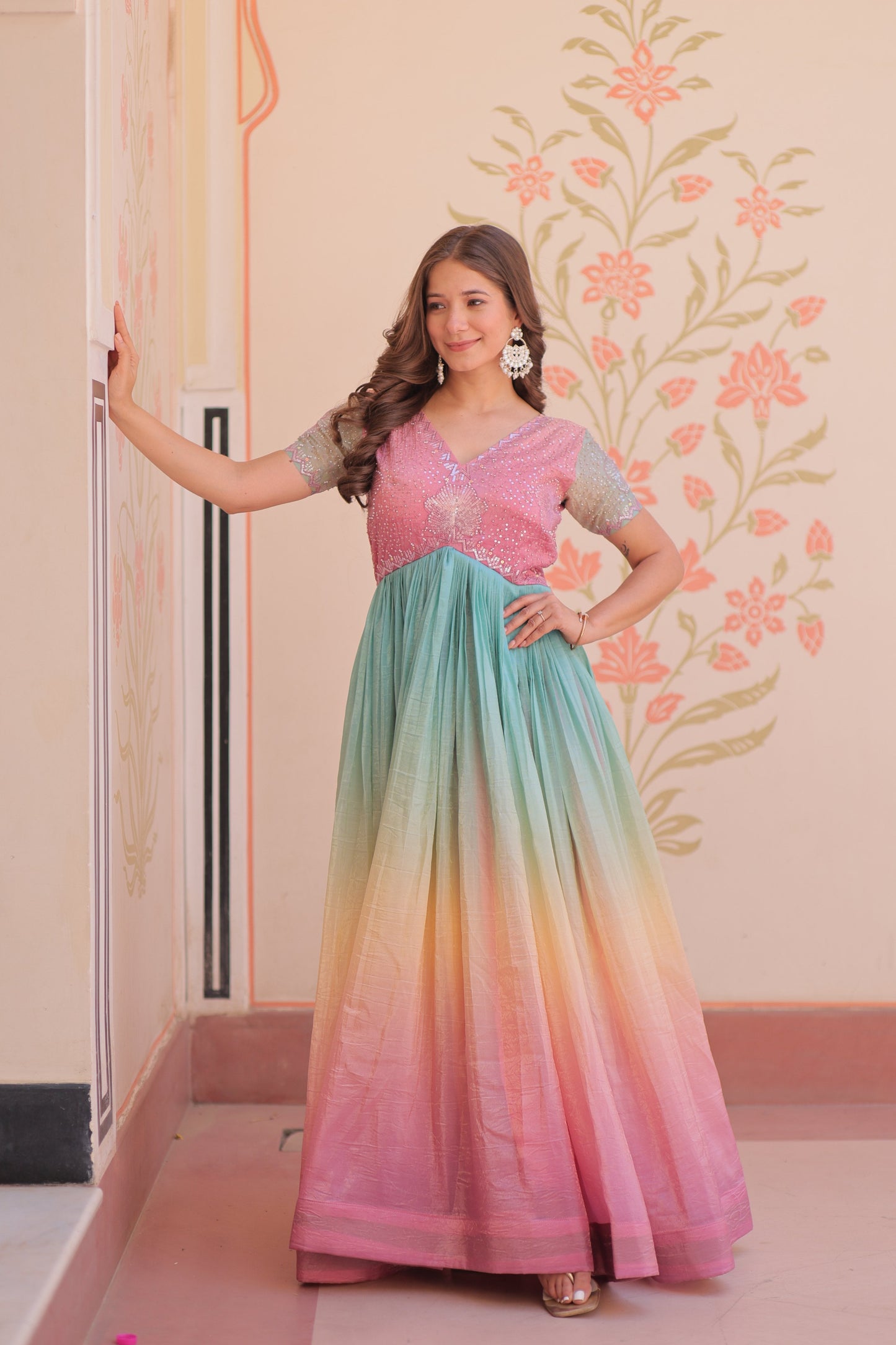 Jyoti Fashion Women's Peach Gold Crush Embroidered Designer Anarkali Set | Swadesiicart