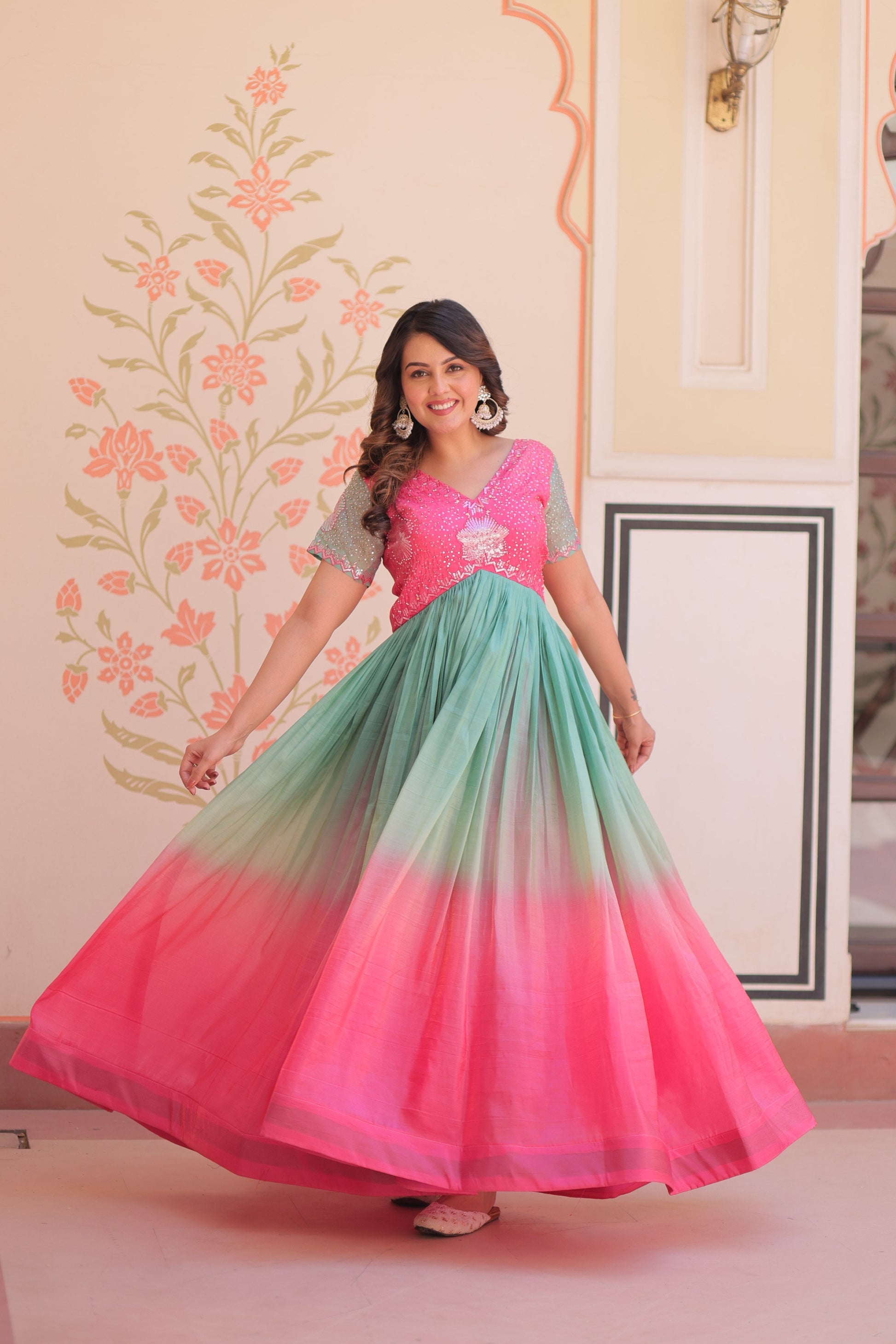Jyoti Fashion Women's Pink Gold Crush Embroidered Designer Anarkali Set | Swadesiicart