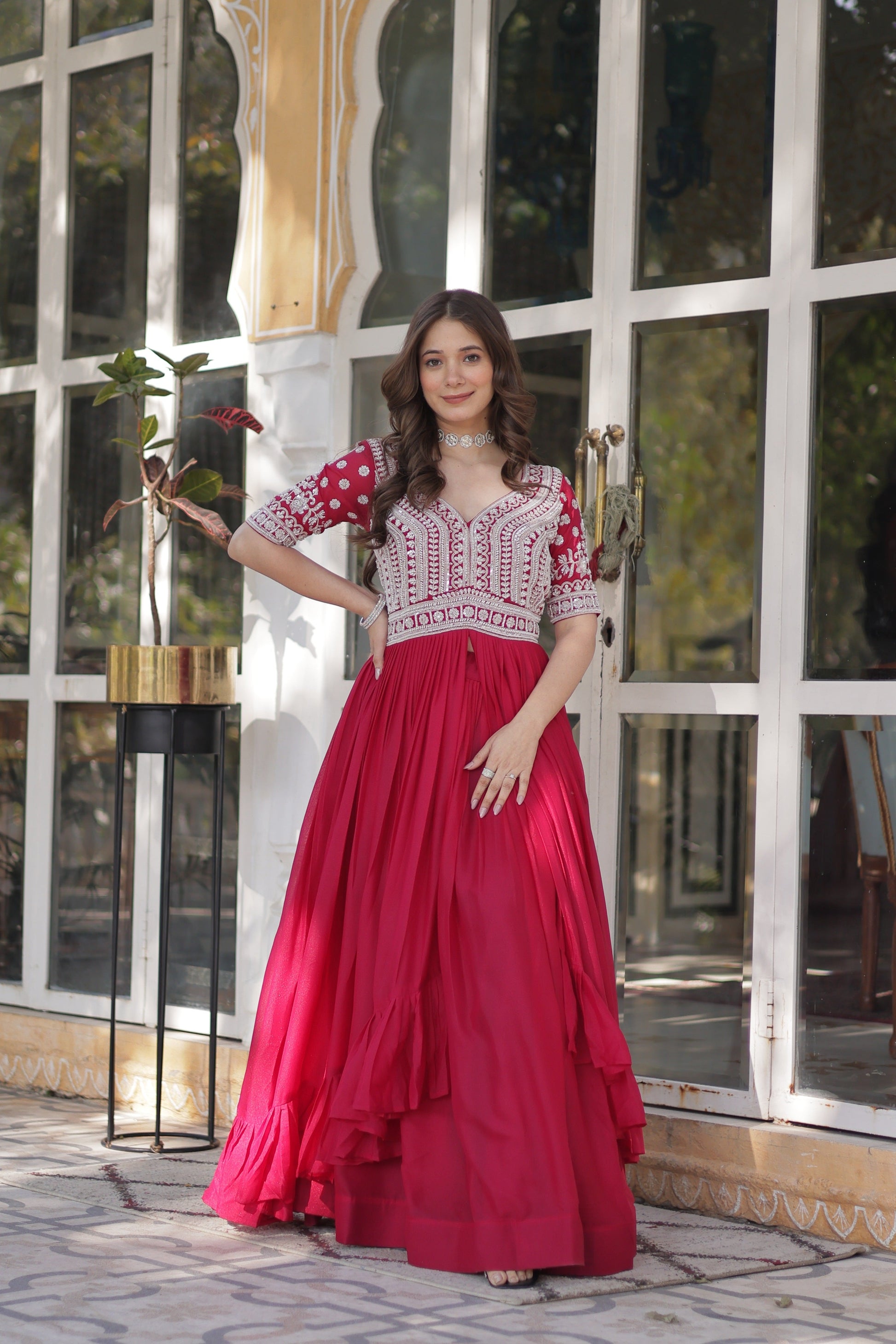 Jyoti Fashion Women's Pink Star Georgette Embroidered Anarkali Set With Bottom | Swadesiicart
