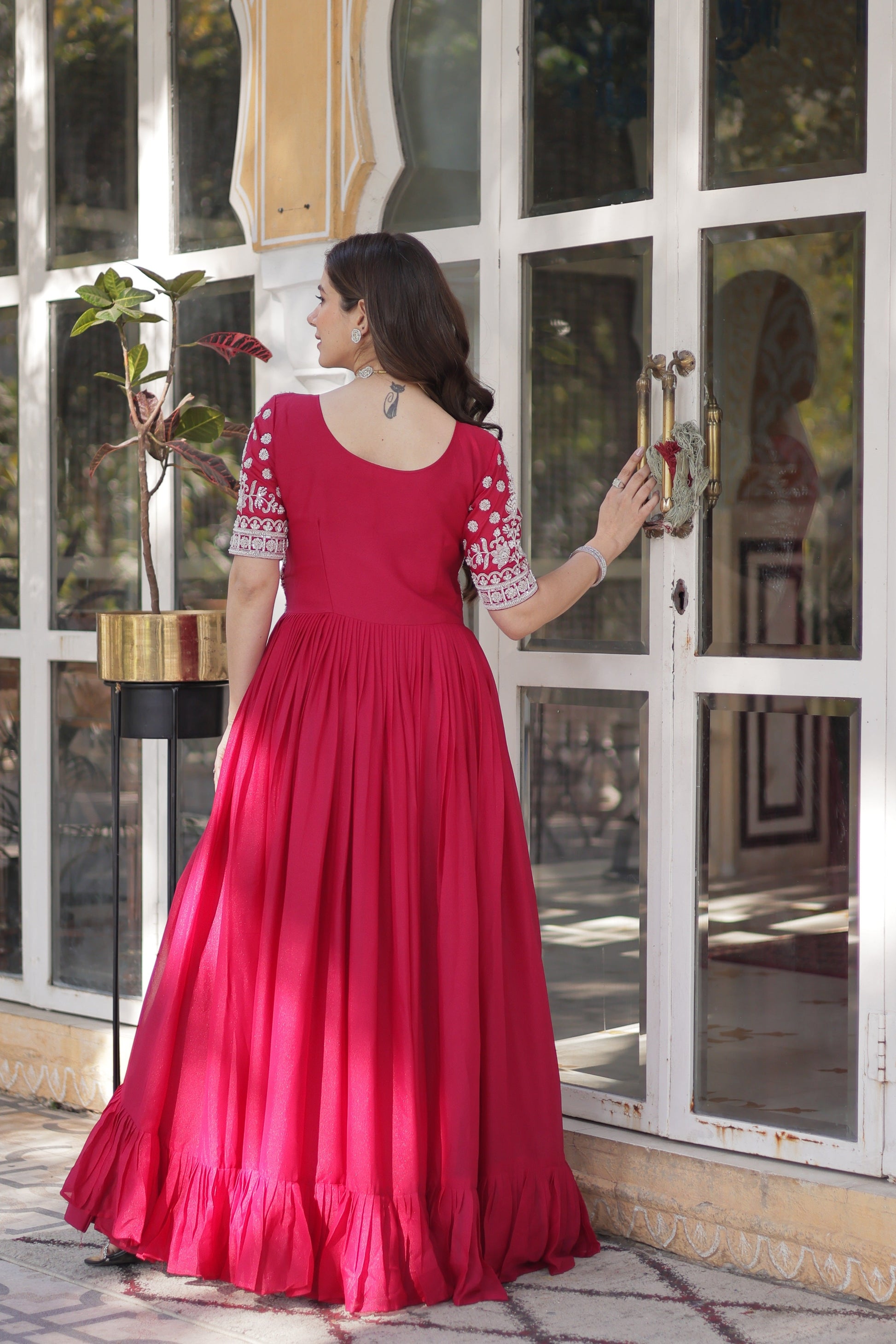 Jyoti Fashion Women's Pink Star Georgette Embroidered Anarkali Set With Bottom | Swadesiicart
