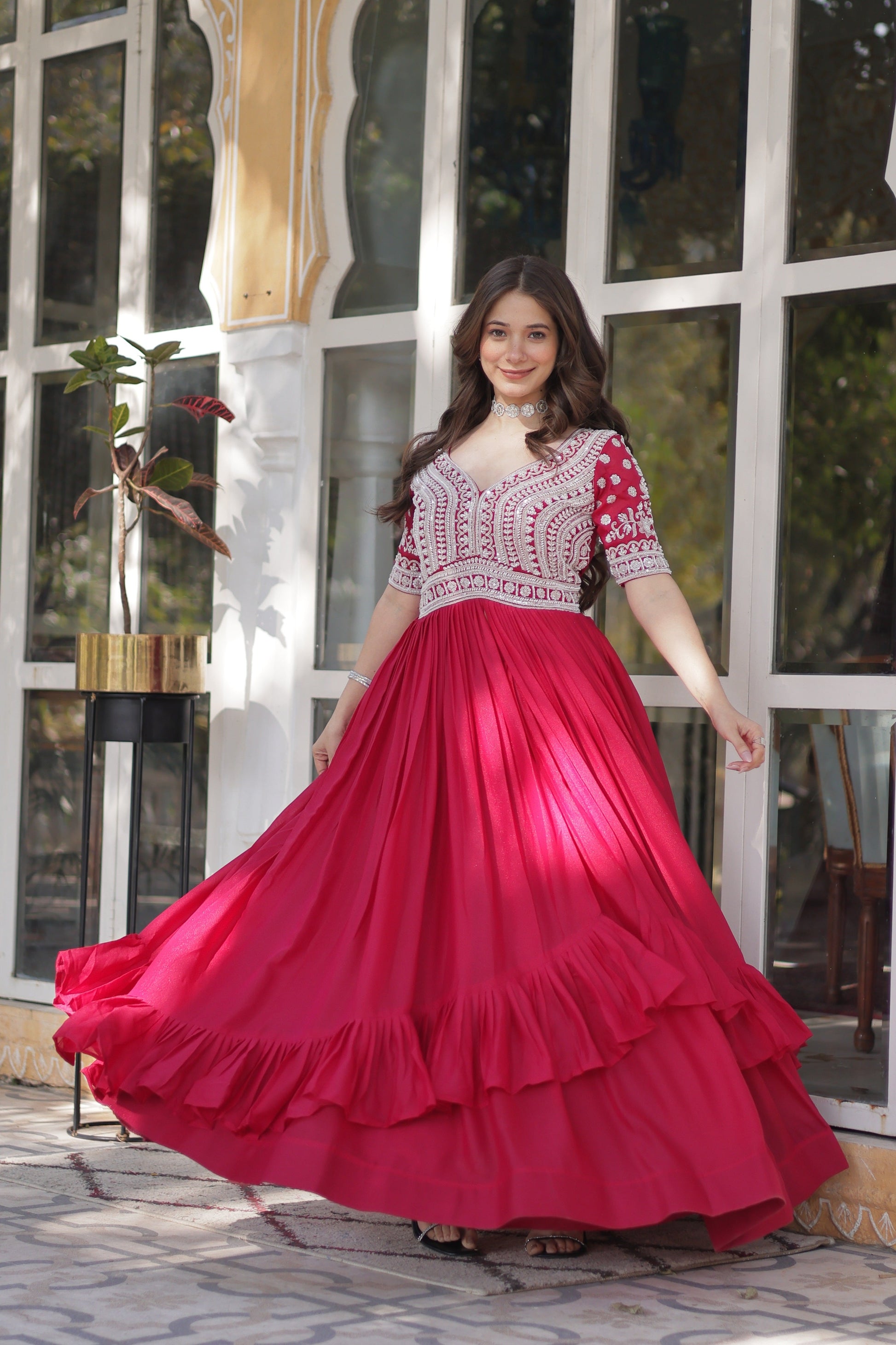 Jyoti Fashion Women's Pink Star Georgette Embroidered Anarkali Set With Bottom | Swadesiicart
