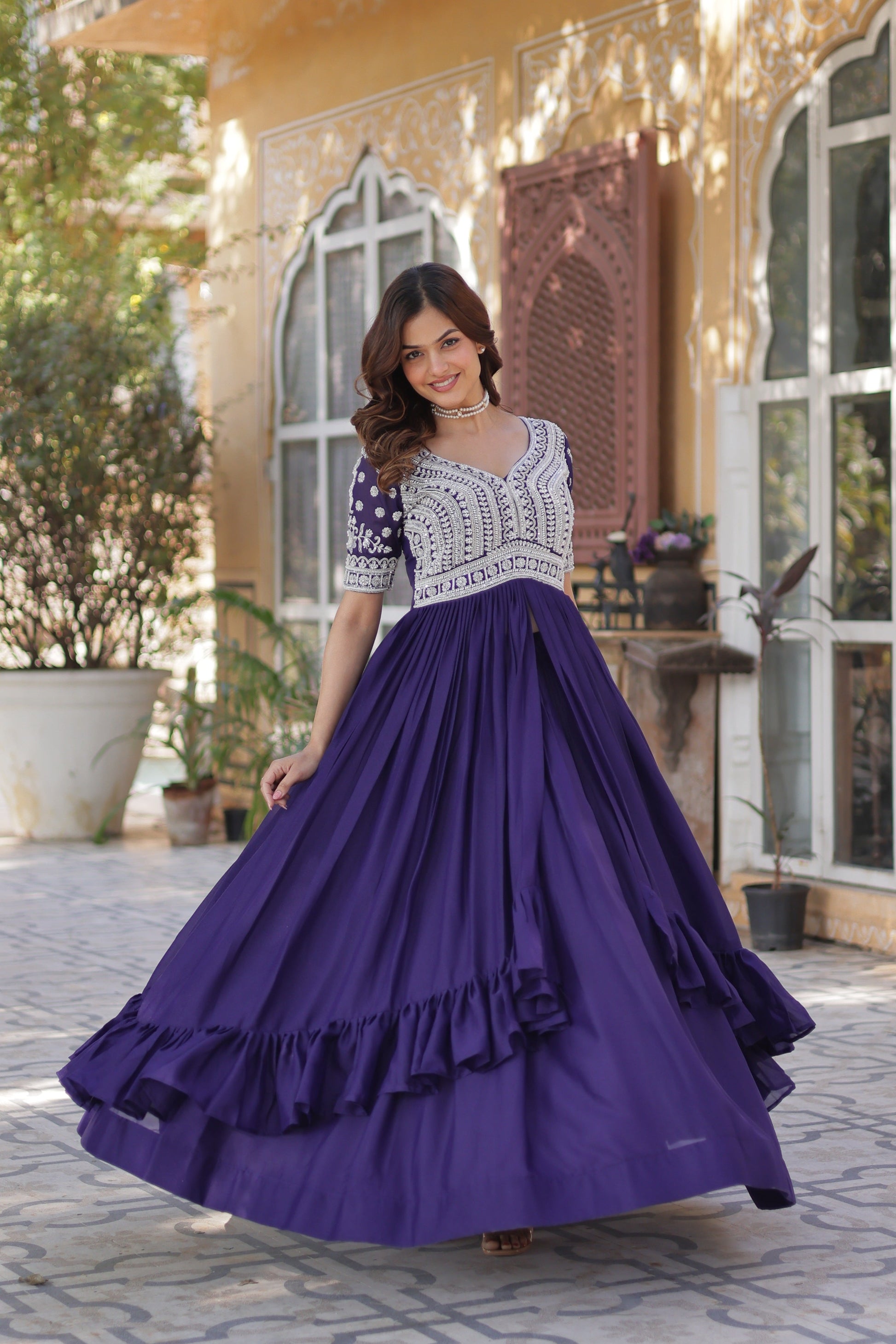 Jyoti Fashion Women's Purple Star Georgette Embroidered Anarkali Set With Bottom | Swadesiicart