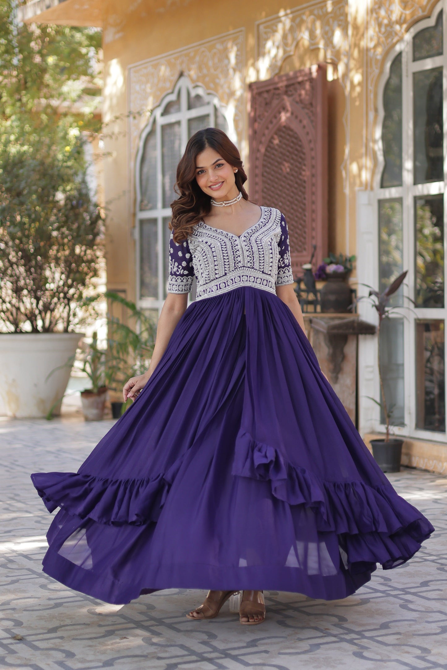 Jyoti Fashion Women's Purple Star Georgette Embroidered Anarkali Set With Bottom | Swadesiicart