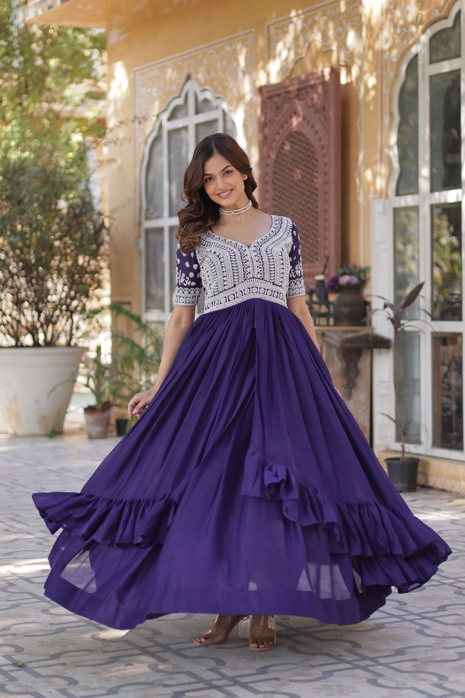 Jyoti Fashion Women's Purple Star Georgette Embroidered Anarkali Set With Bottom | Swadesiicart