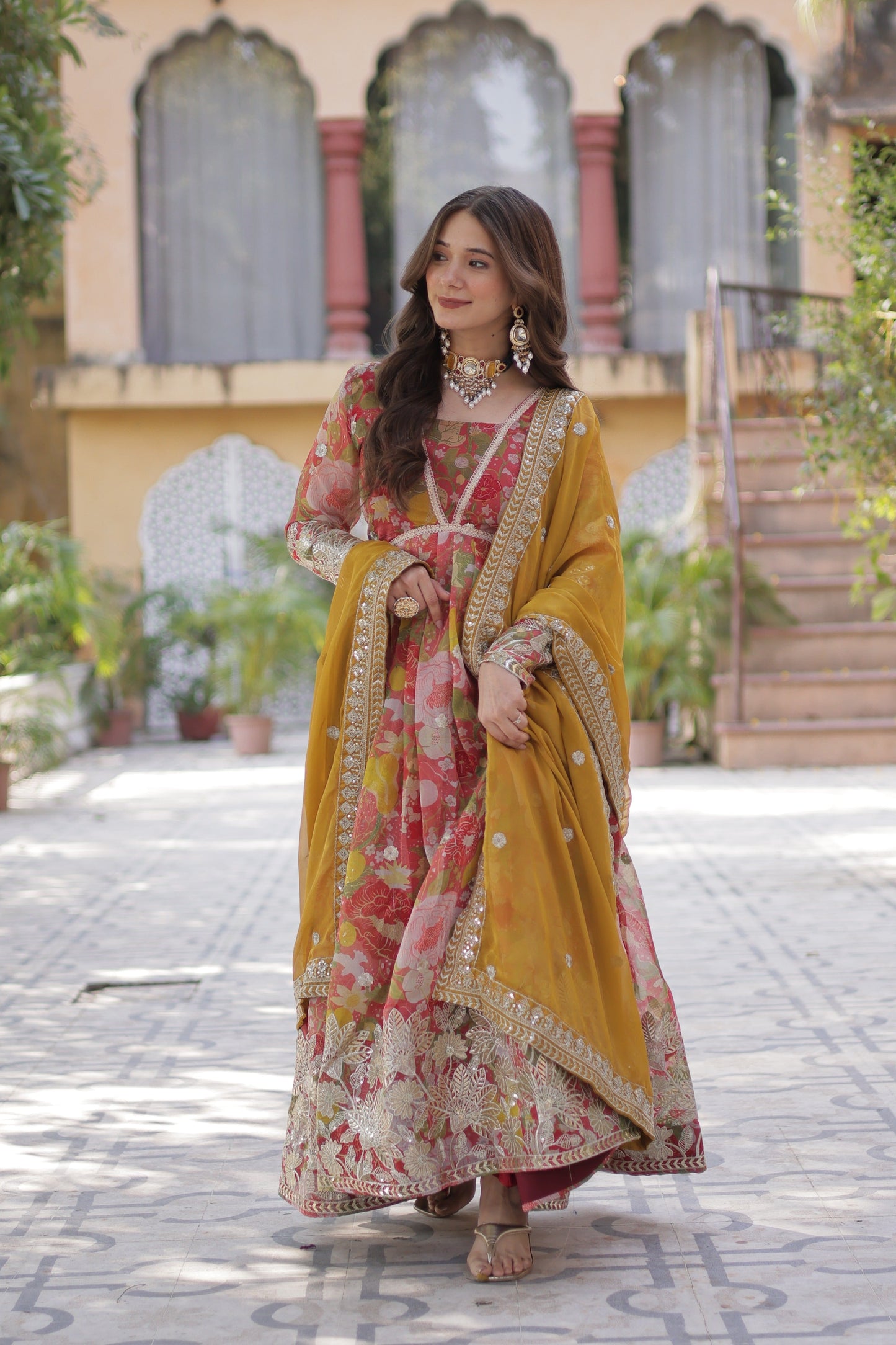 Jyoti Fashion Women's Red Russian Silk Foil Print with Sequence Embroidered Anarkali Set With Dupatta | Swadesiicart