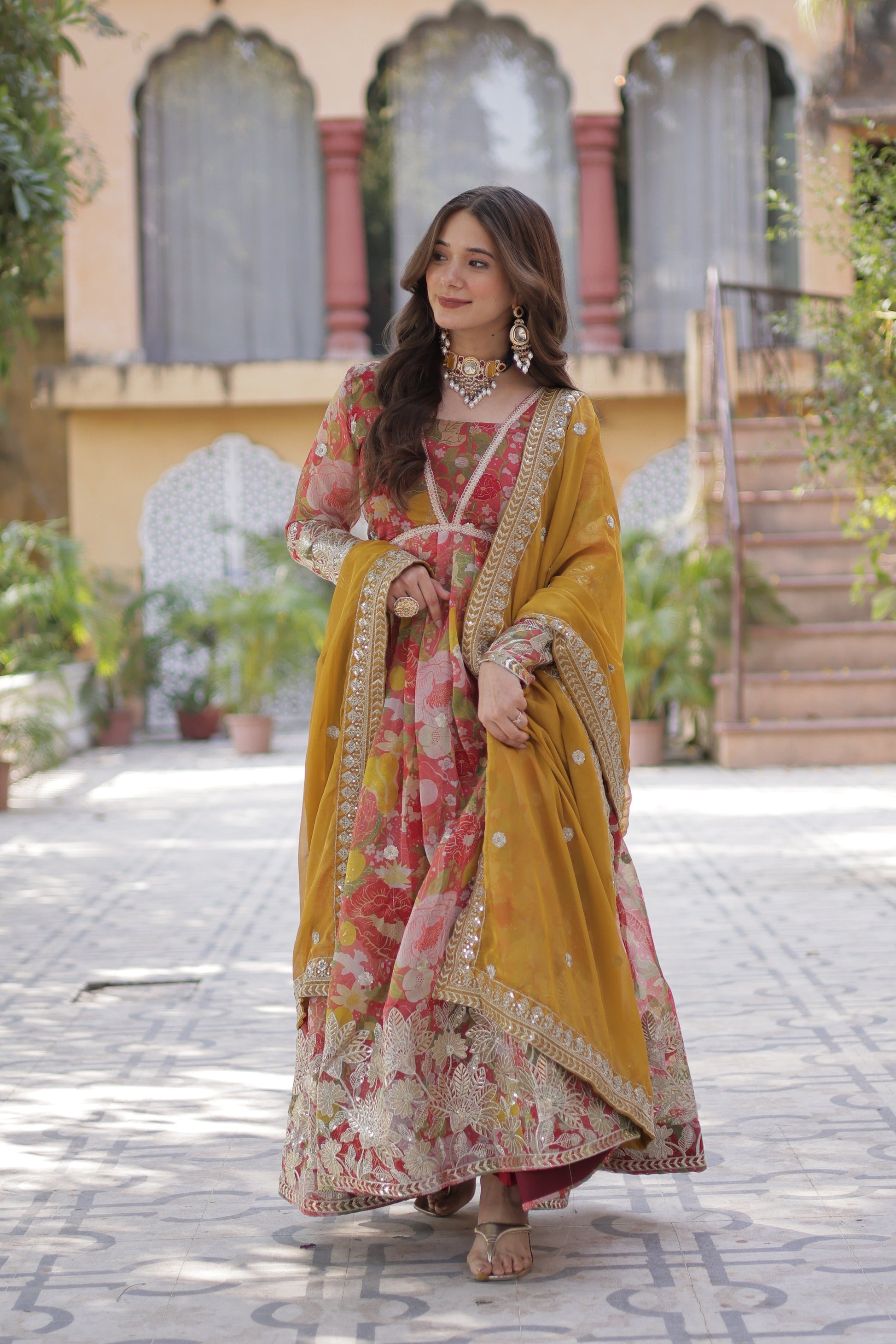 Jyoti Fashion Women's Red Russian Silk Foil Print with Sequence Embroidered Anarkali Set With Dupatta | Swadesiicart