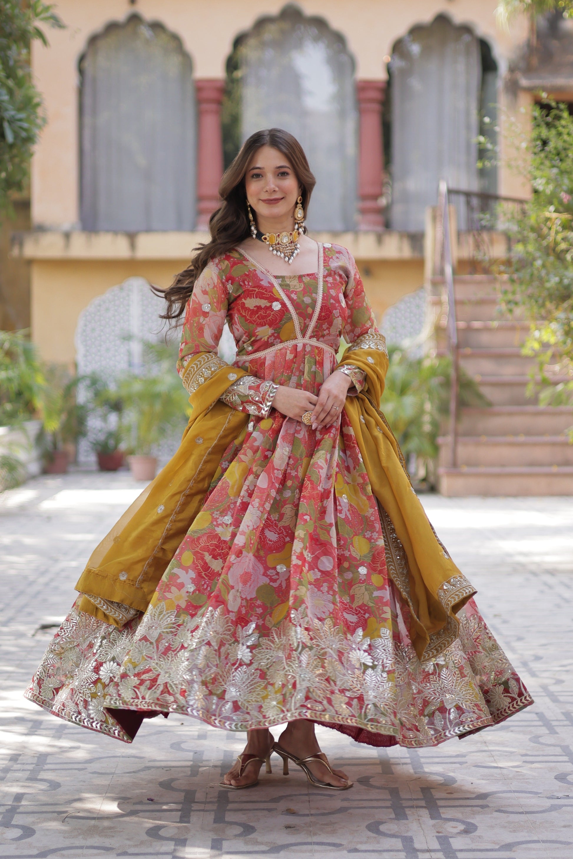 Jyoti Fashion Women's Red Russian Silk Foil Print with Sequence Embroidered Anarkali Set With Dupatta | Swadesiicart