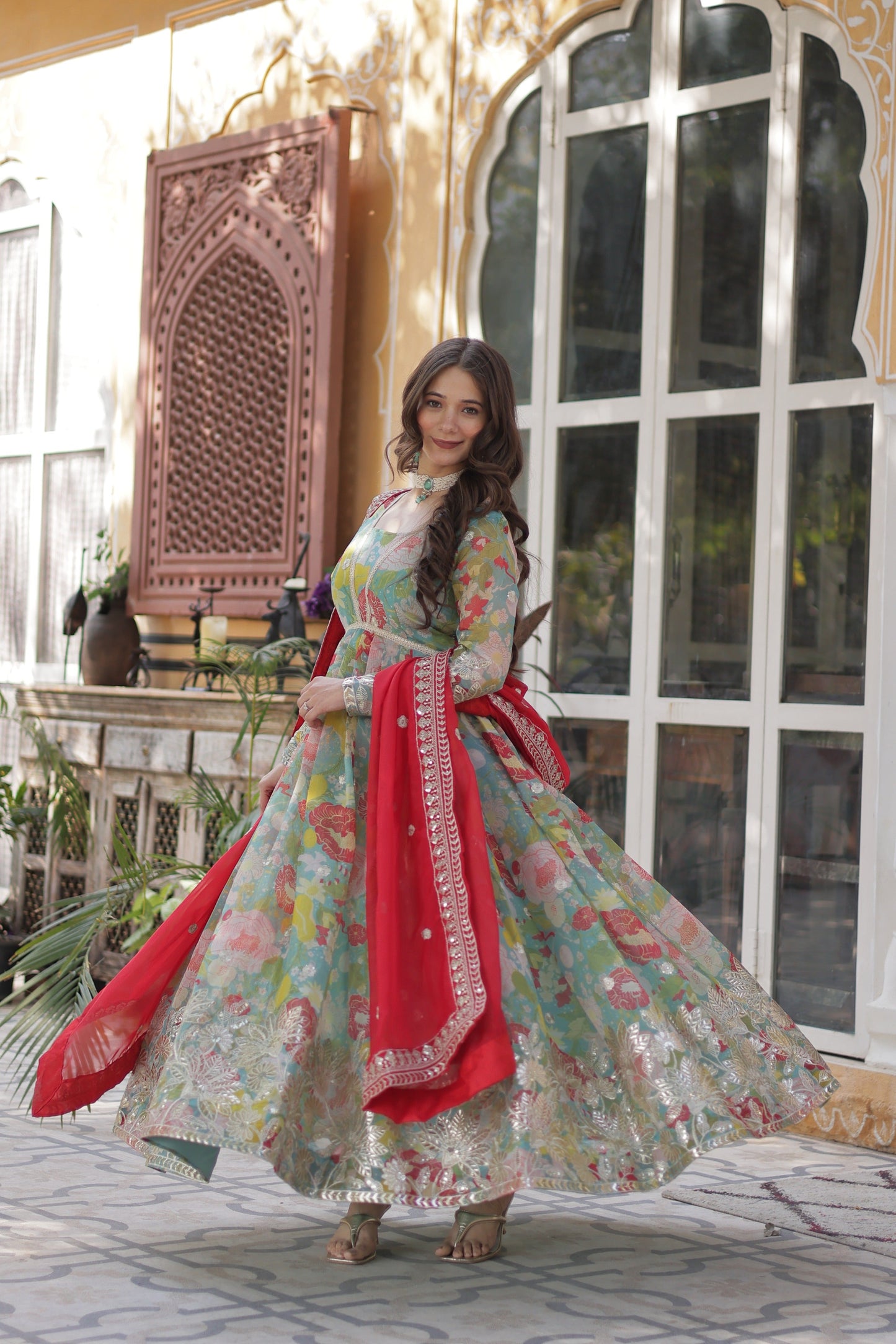 Jyoti Fashion Women's Sky Blue Russian Silk Foil Print with Sequence Embroidered Anarkali Set With Dupatta | Swadesiicart