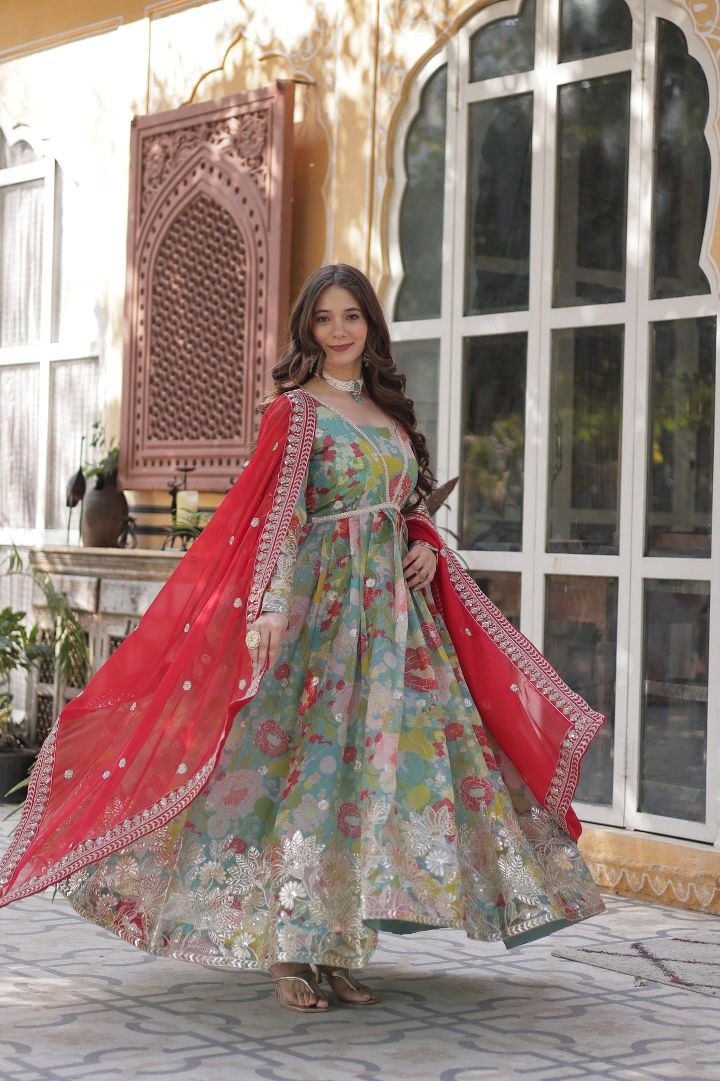 Jyoti Fashion Women's Sky Blue Russian Silk Foil Print with Sequence Embroidered Anarkali Set With Dupatta | Swadesiicart