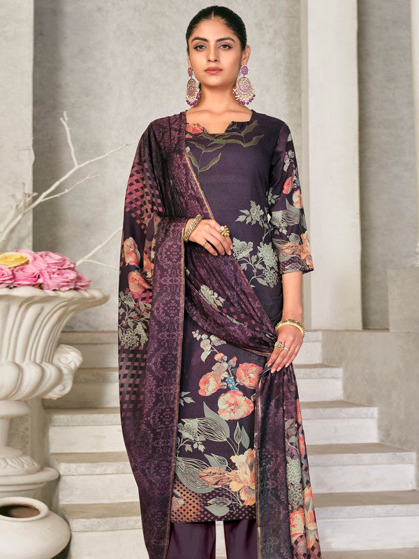 Jyoti Fashion Women's Violet Pashmina Floral Digital Printed Kurta with Trouser & Dupatta | Swadesiicart
