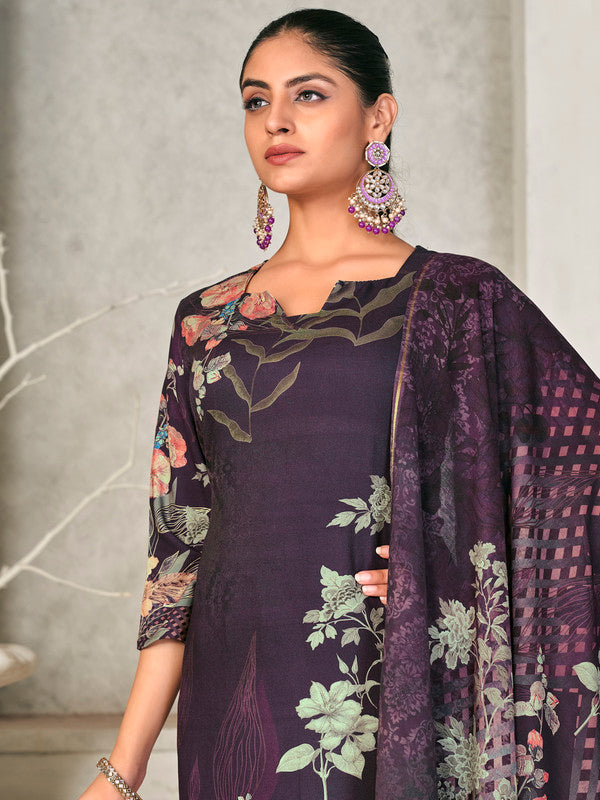Jyoti Fashion Women's Violet Pashmina Floral Digital Printed Kurta with Trouser & Dupatta | Swadesiicart