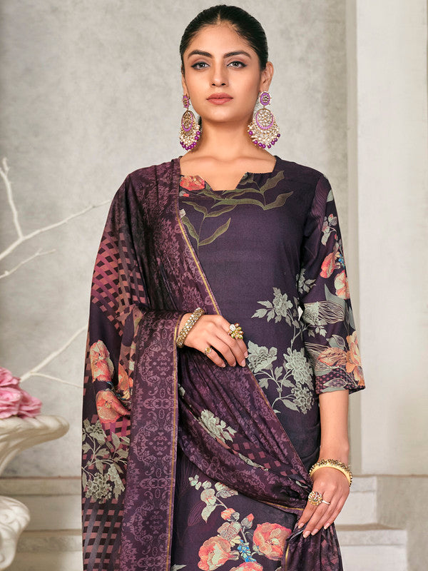 Jyoti Fashion Women's Violet Pashmina Floral Digital Printed Kurta with Trouser & Dupatta | Swadesiicart