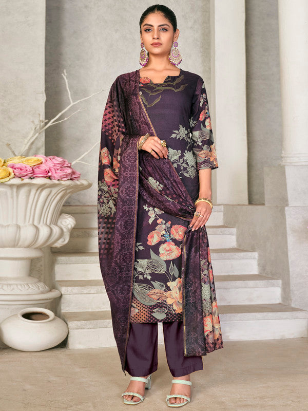 Jyoti Fashion Women's Violet Pashmina Floral Digital Printed Kurta with Trouser & Dupatta | Swadesiicart