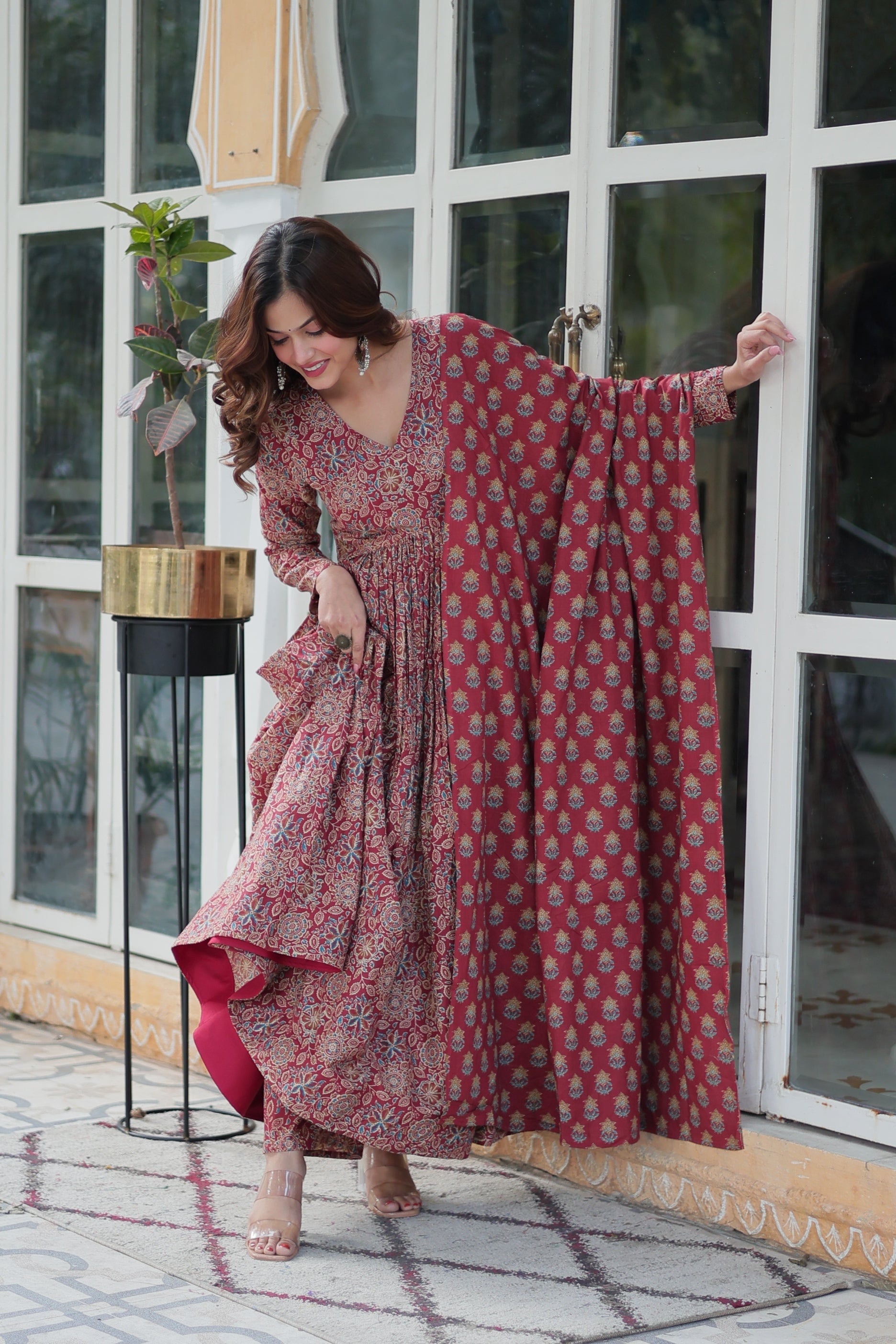 Jyoti Fashion Women's Maroon Cotton Floral Printed Designer Kurta Set | Swadesiicart