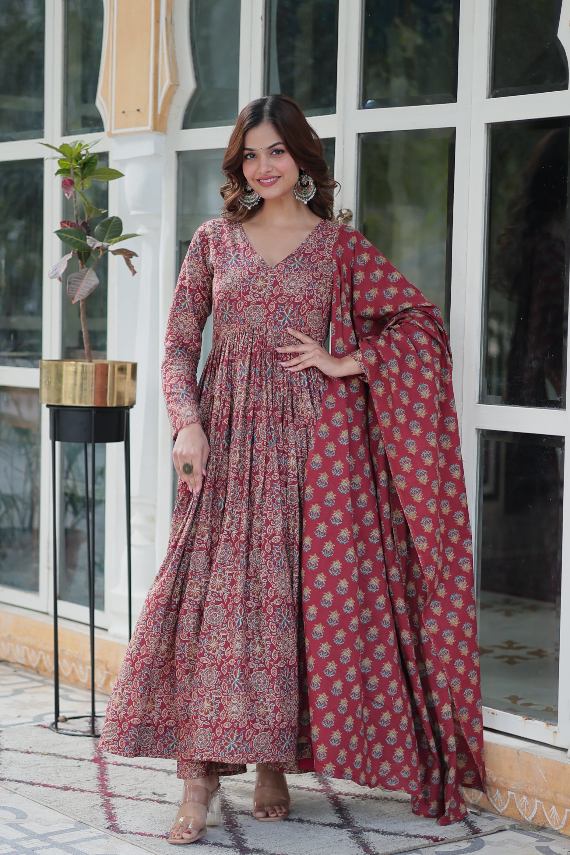 Jyoti Fashion Women's Maroon Cotton Floral Printed Designer Kurta Set | Swadesiicart