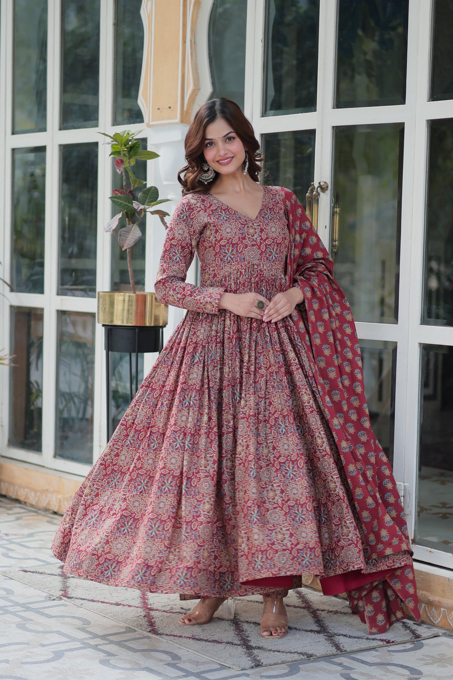 Jyoti Fashion Women's Maroon Cotton Floral Printed Designer Kurta Set | Swadesiicart