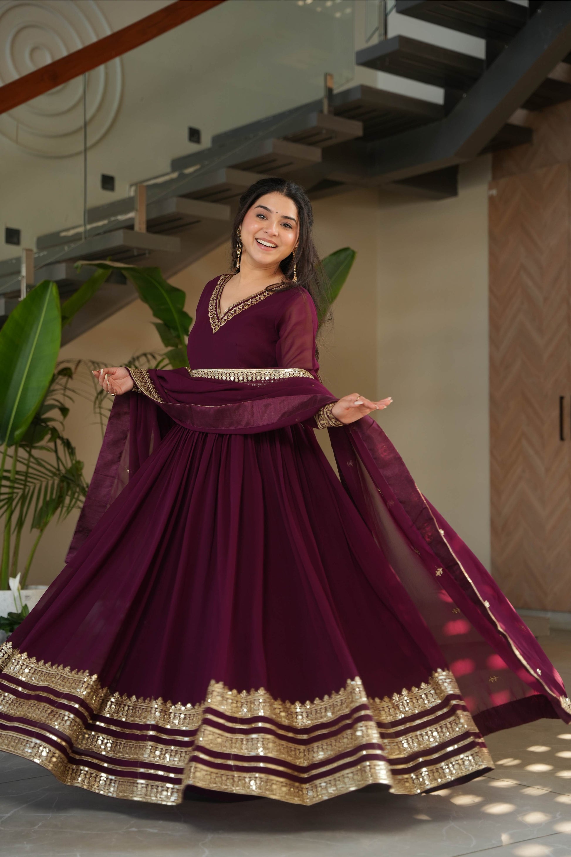 Jyoti Fashion Women's Wine Faux Blooming Sequins Zari Embroidered Anarkali Set With Dupatta | Swadesiicart