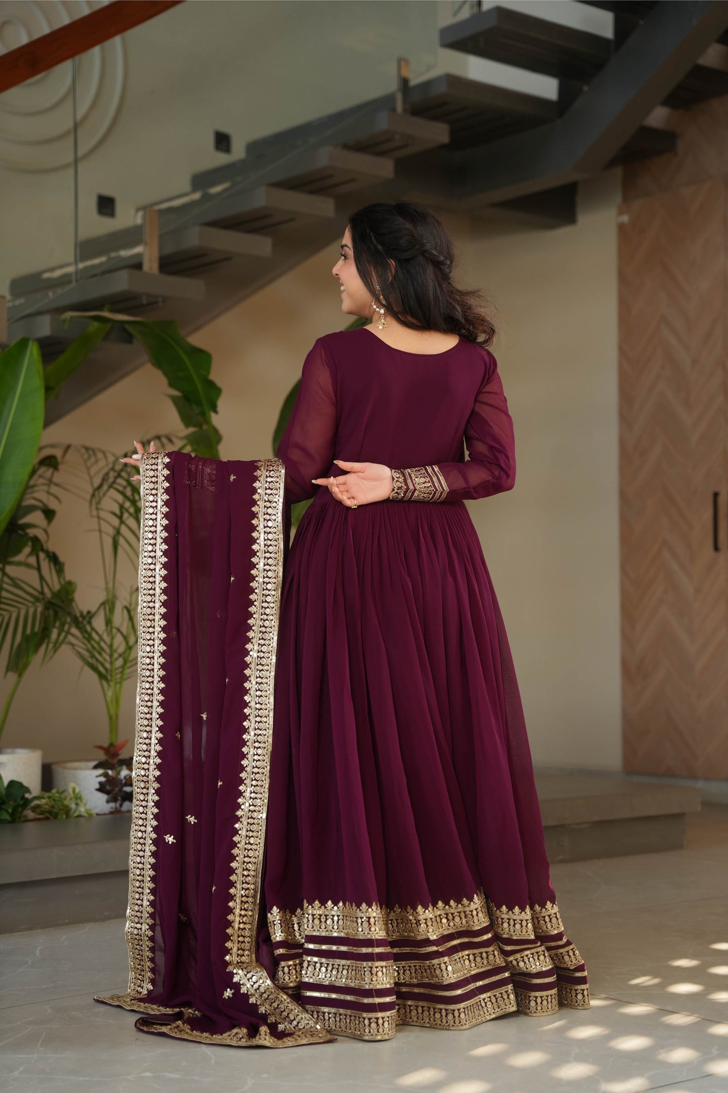 Jyoti Fashion Women's Wine Faux Blooming Sequins Zari Embroidered Anarkali Set With Dupatta | Swadesiicart