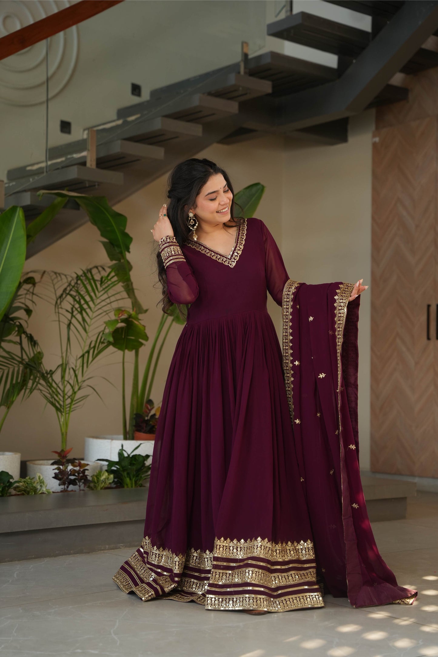 Jyoti Fashion Women's Wine Faux Blooming Sequins Zari Embroidered Anarkali Set With Dupatta | Swadesiicart
