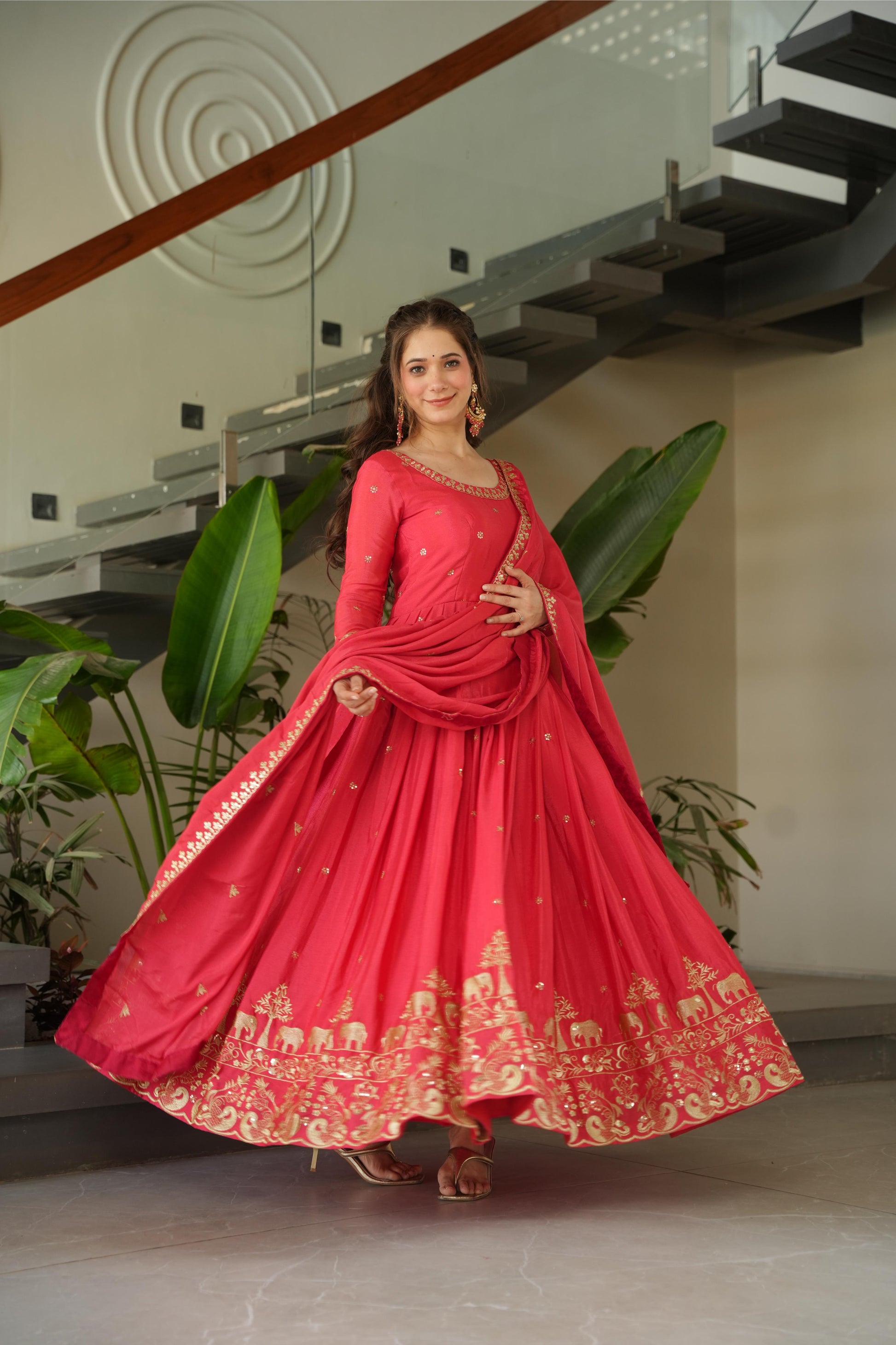 Jyoti Fashion Women's Pink Chinon Sequins Zari Embroidered Anarkali Set With Dupatta | Swadesiicart