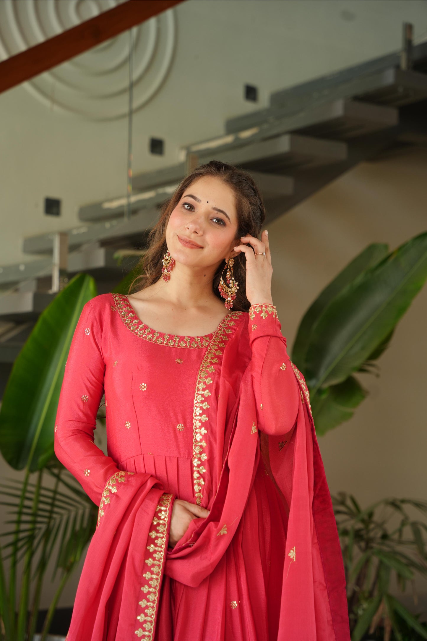 Jyoti Fashion Women's Pink Chinon Sequins Zari Embroidered Anarkali Set With Dupatta | Swadesiicart