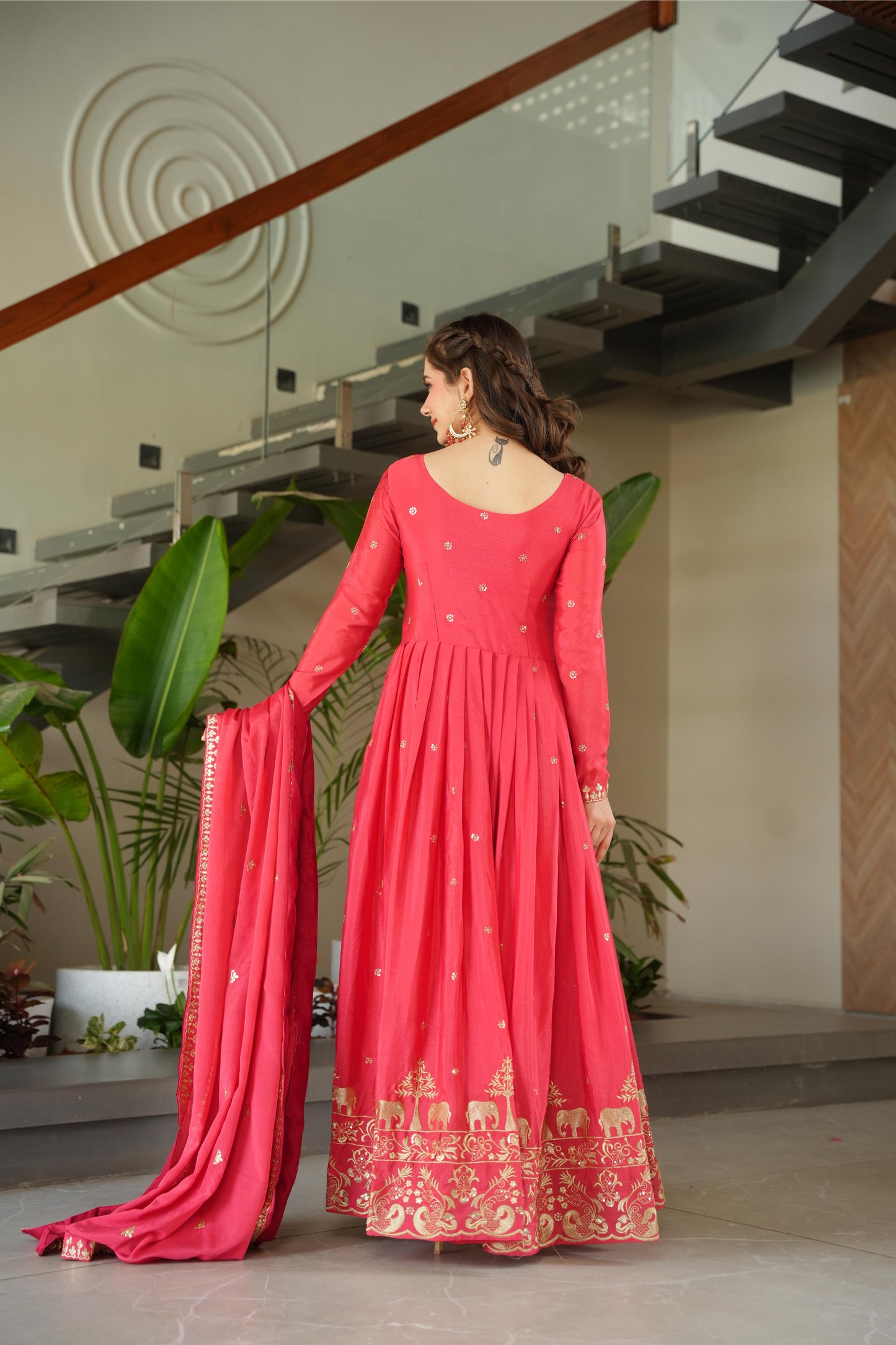 Jyoti Fashion Women's Pink Chinon Sequins Zari Embroidered Anarkali Set With Dupatta | Swadesiicart