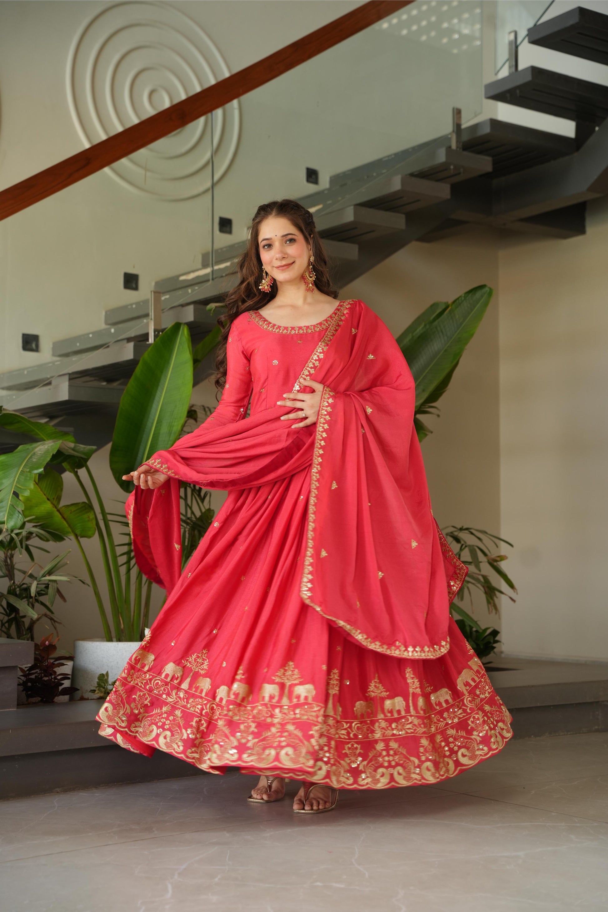 Jyoti Fashion Women's Pink Chinon Sequins Zari Embroidered Anarkali Set With Dupatta | Swadesiicart