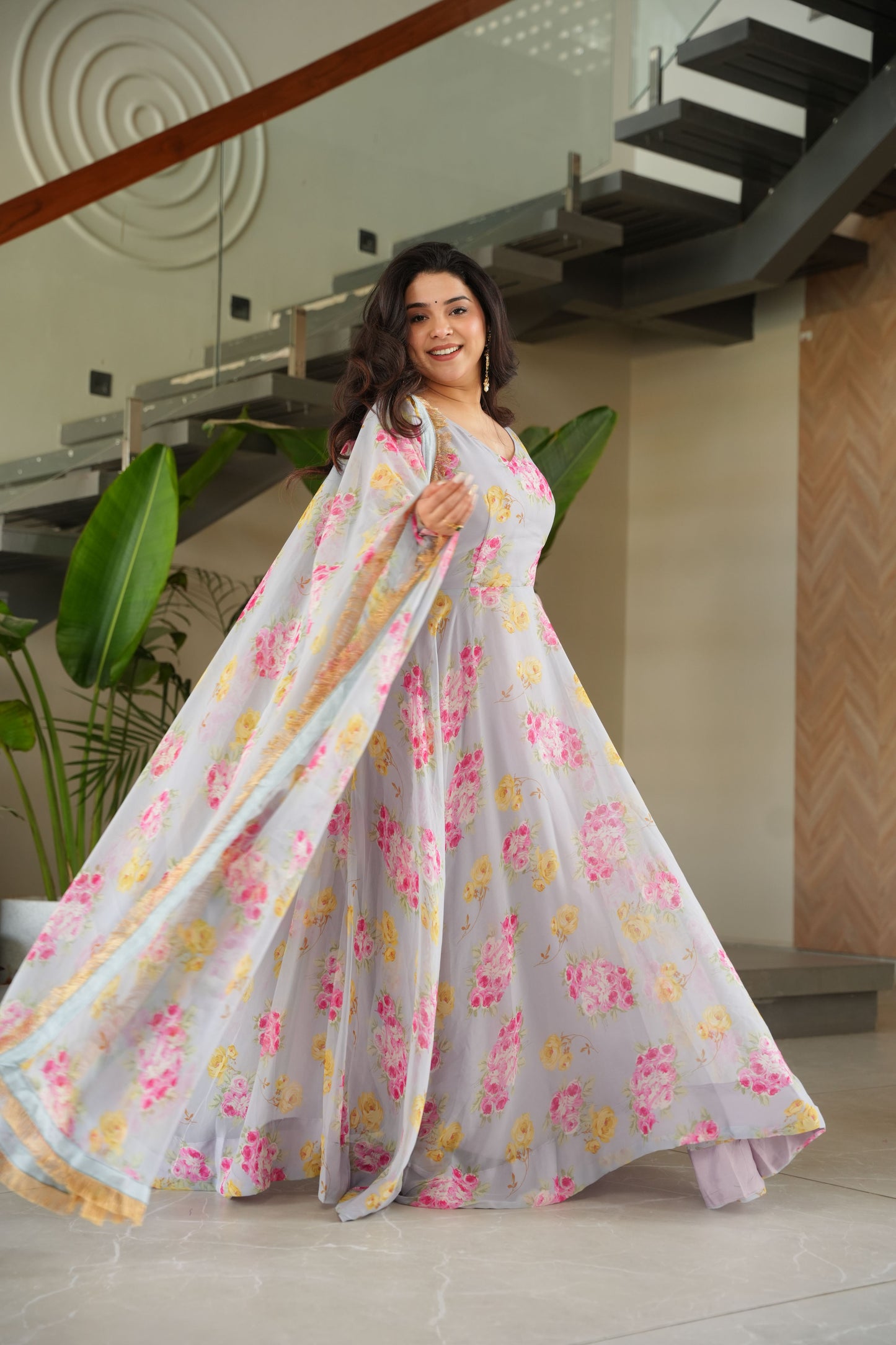 Jyoti Fashion Women's Grey Faux Georgette Floral Digital Printed Anarkali Set With Dupatta | Swadesiicart