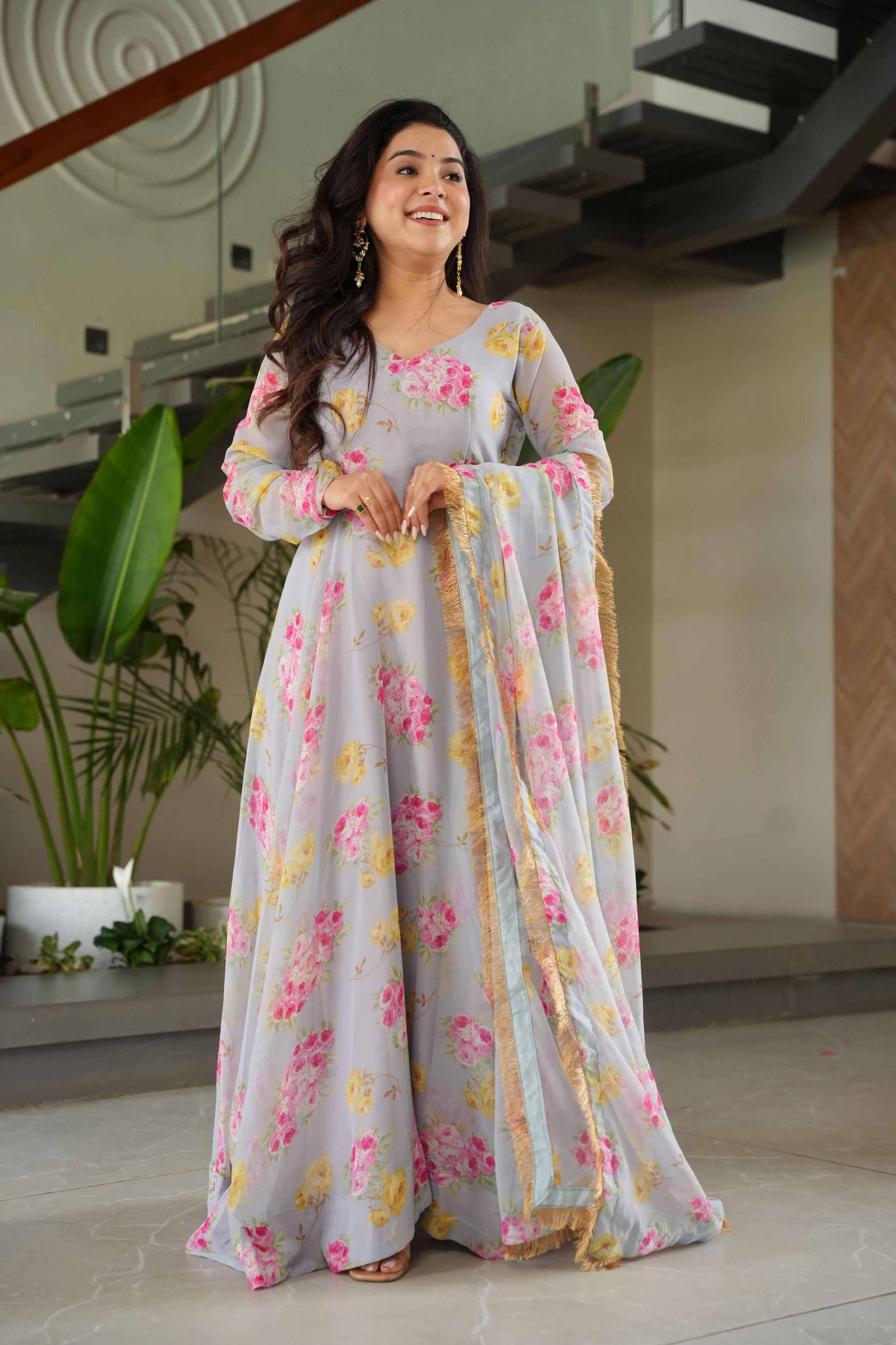 Jyoti Fashion Women's Grey Faux Georgette Floral Digital Printed Anarkali Set With Dupatta | Swadesiicart
