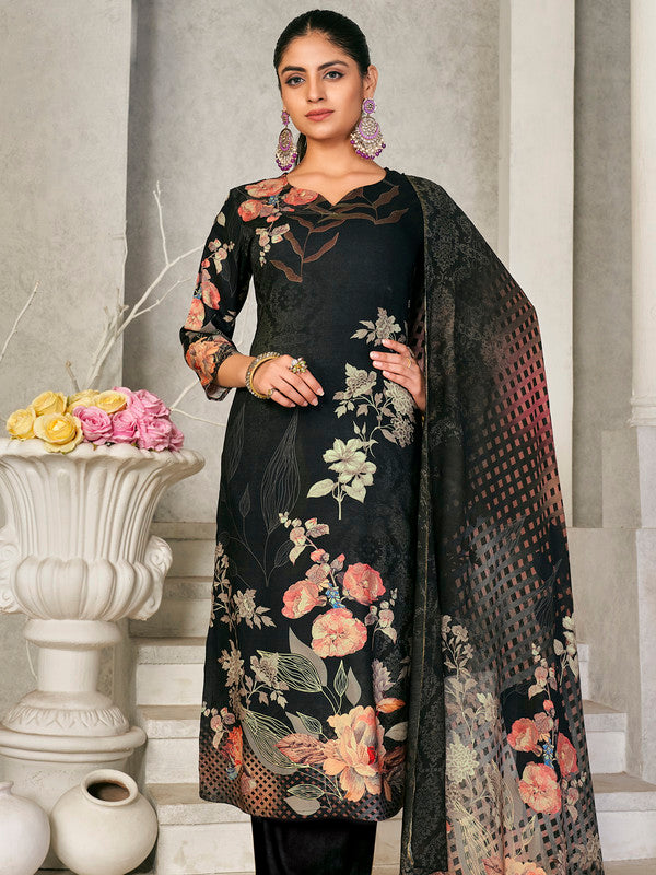 Jyoti Fashion Women's Black Pashmina Floral Digital Printed Kurta with Trouser & Dupatta | Swadesiicart
