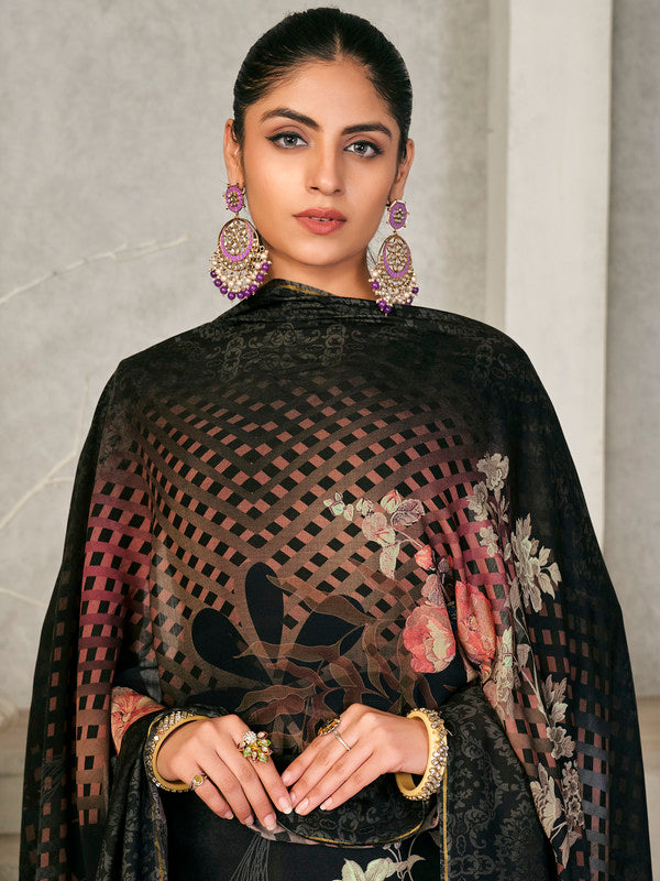 Jyoti Fashion Women's Black Pashmina Floral Digital Printed Kurta with Trouser & Dupatta | Swadesiicart