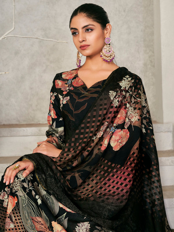 Jyoti Fashion Women's Black Pashmina Floral Digital Printed Kurta with Trouser & Dupatta | Swadesiicart