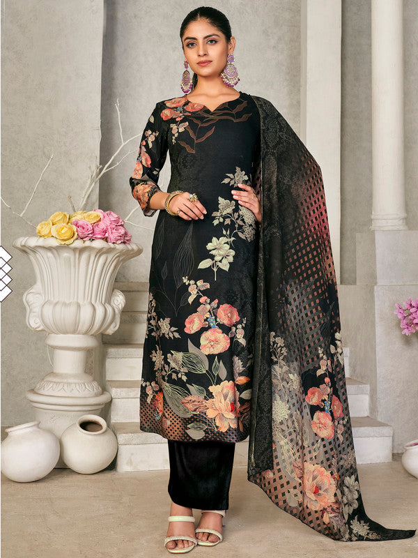 Jyoti Fashion Women's Black Pashmina Floral Digital Printed Kurta with Trouser & Dupatta | Swadesiicart