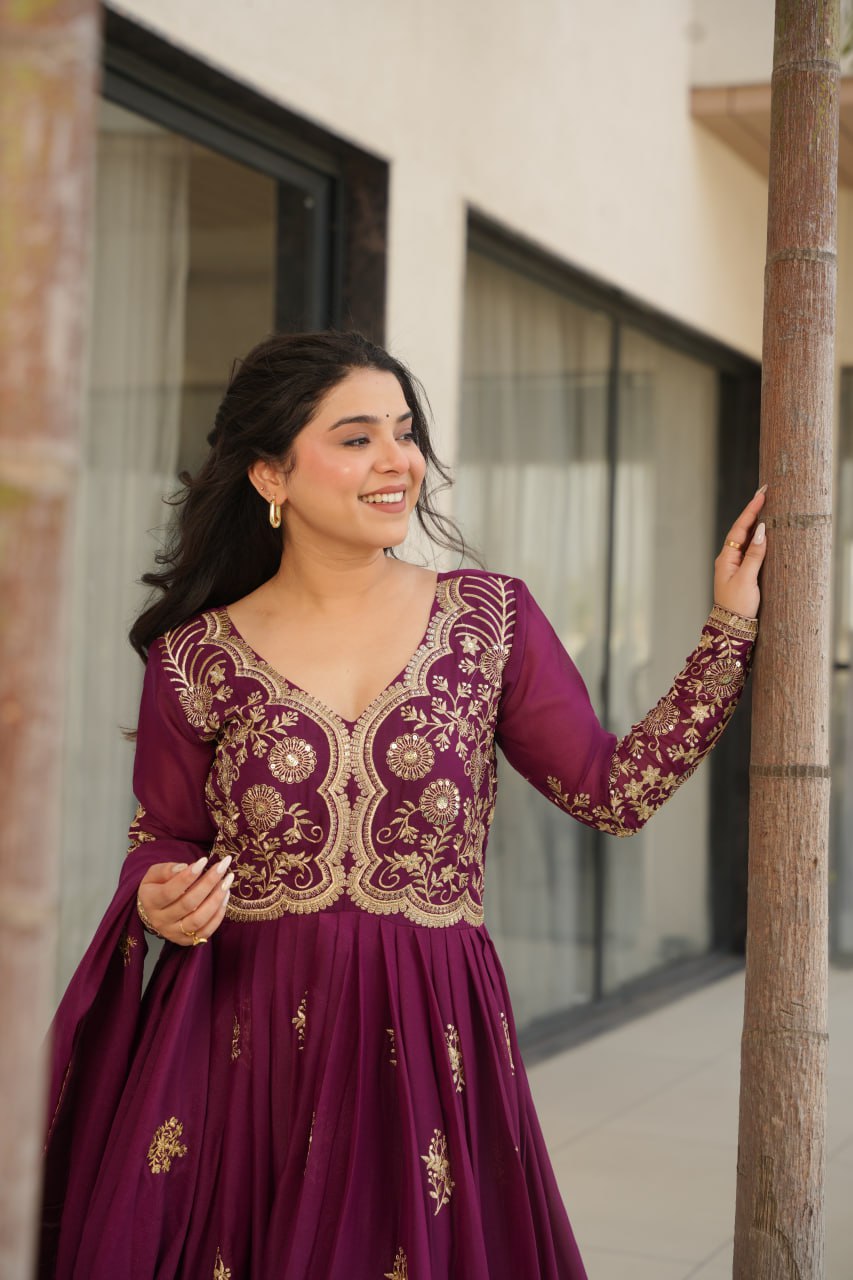 Jyoti Fashion Women's Wine Star Georgette Sequins & Zari Embroidered Anarkali Set With Dupatta | Swadesiicart