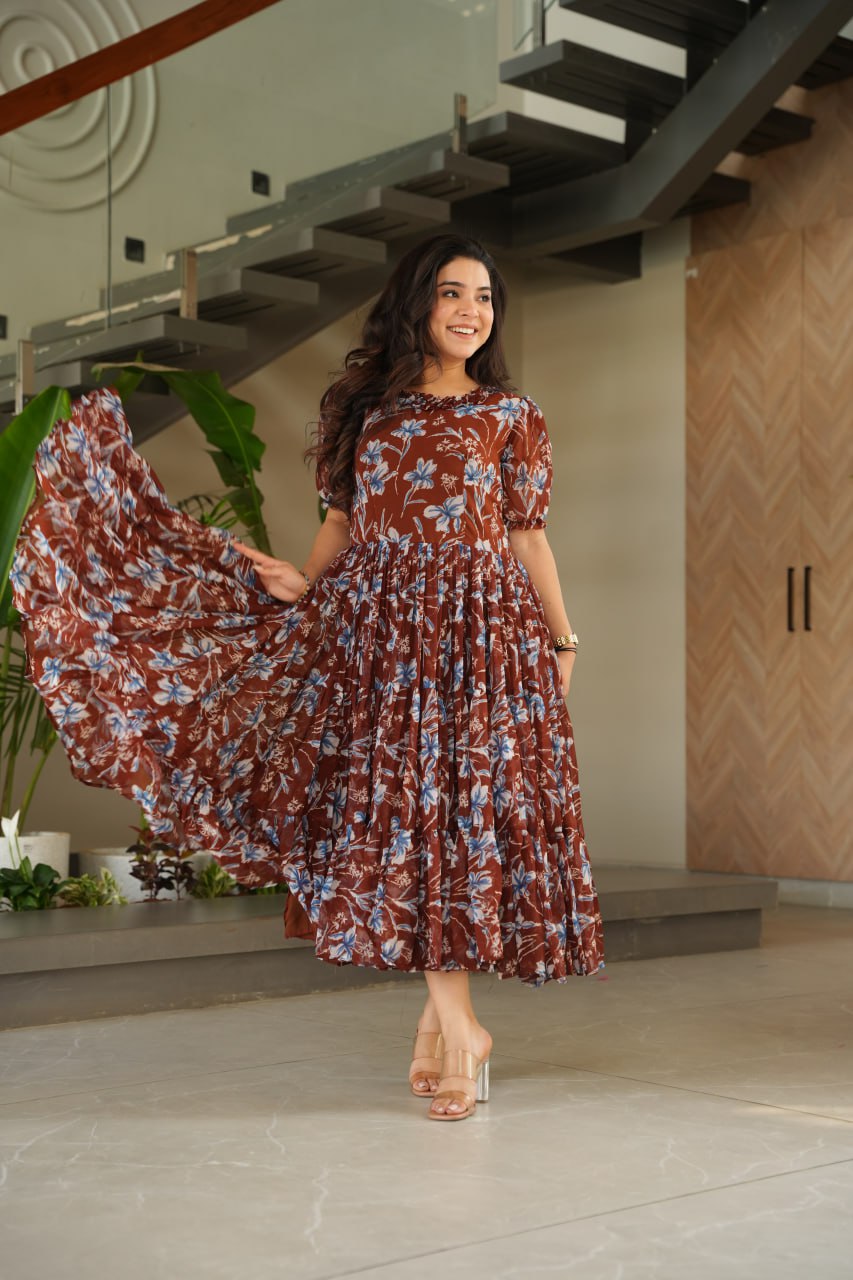 Jyoti Fashion Women's Brown Faux Georgette Printed Long Designer Anarkali Set | Swadesiicart