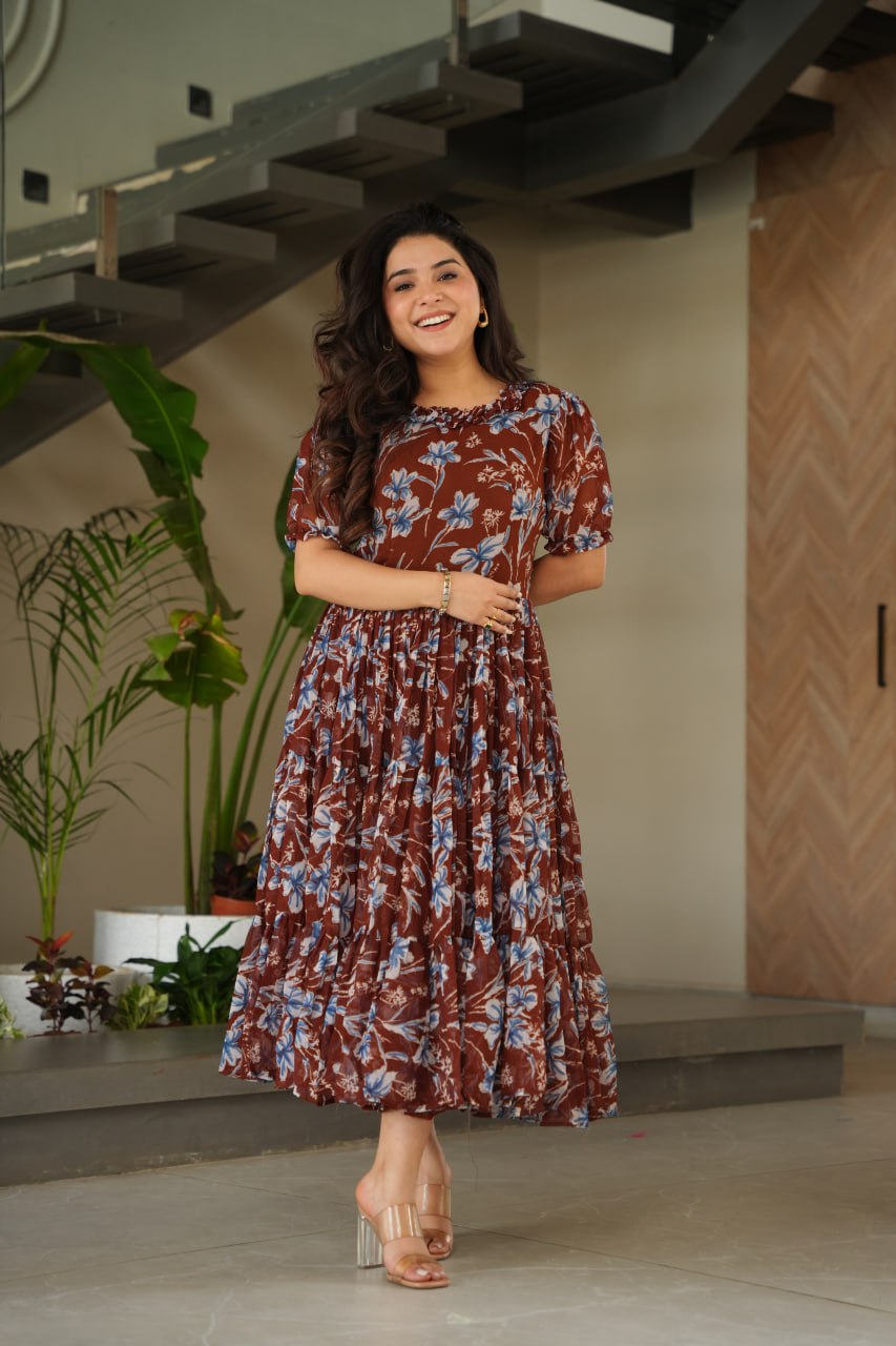 Jyoti Fashion Women's Brown Faux Georgette Printed Long Designer Anarkali Set | Swadesiicart