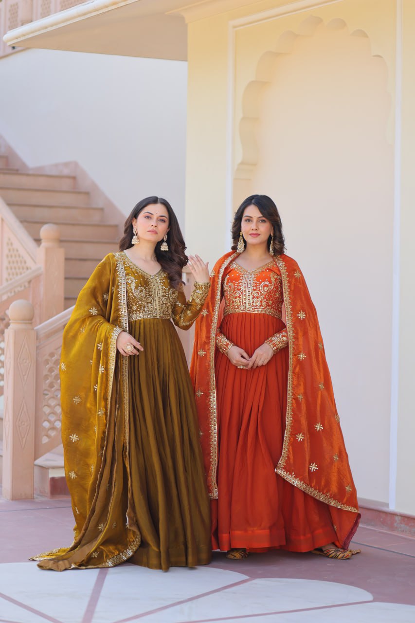 Jyoti Fashion Women's Mehendi & Fanta Fendi Sequins & Zari Embroidered Anarkali Combo Set With Dupatta | Swadesiicart