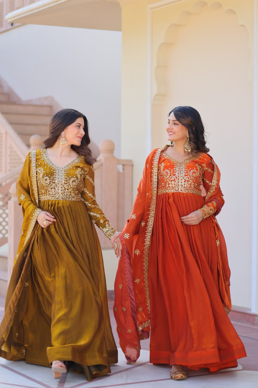 Jyoti Fashion Women's Mehendi & Fanta Fendi Sequins & Zari Embroidered Anarkali Combo Set With Dupatta | Swadesiicart