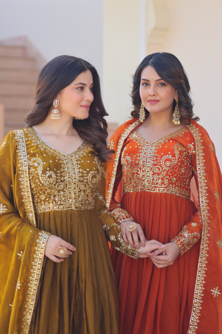 Jyoti Fashion Women's Mehendi & Fanta Fendi Sequins & Zari Embroidered Anarkali Combo Set With Dupatta | Swadesiicart