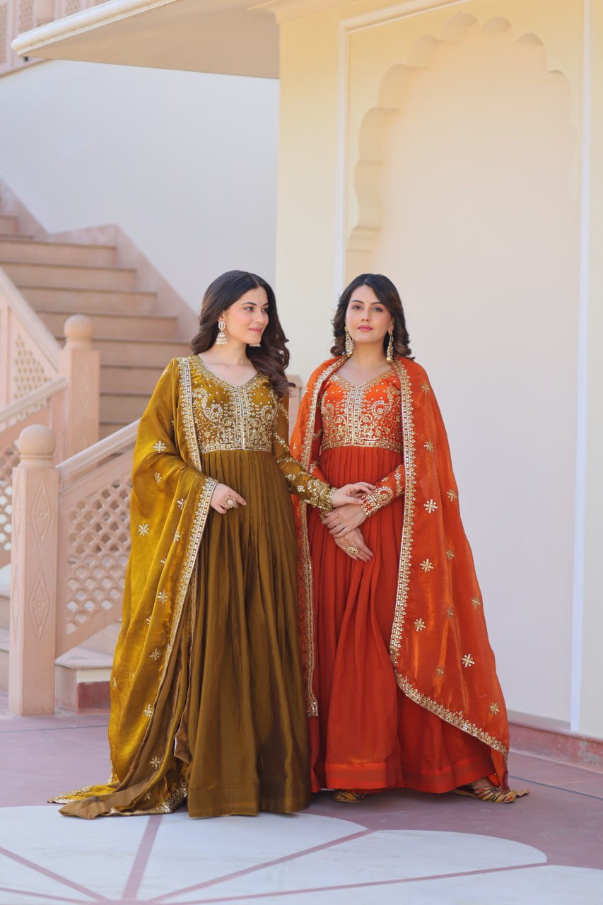 Jyoti Fashion Women's Mehendi & Fanta Fendi Sequins & Zari Embroidered Anarkali Combo Set With Dupatta | Swadesiicart