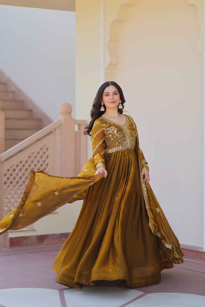 Jyoti Fashion Women's Mehendi Fendi Sequins & Zari Embroidered Anarkali Set With Dupatta | Swadesiicart
