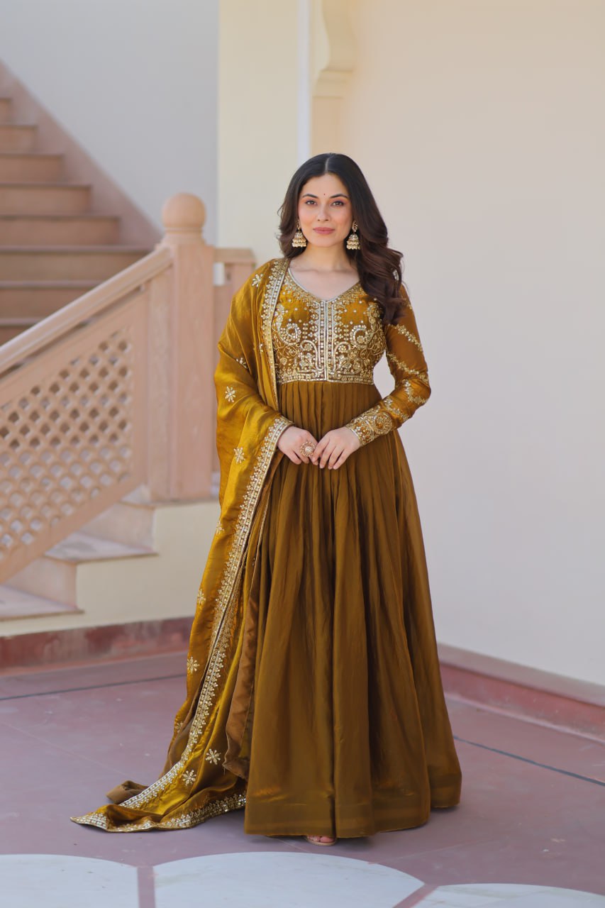 Jyoti Fashion Women's Mehendi Fendi Sequins & Zari Embroidered Anarkali Set With Dupatta | Swadesiicart